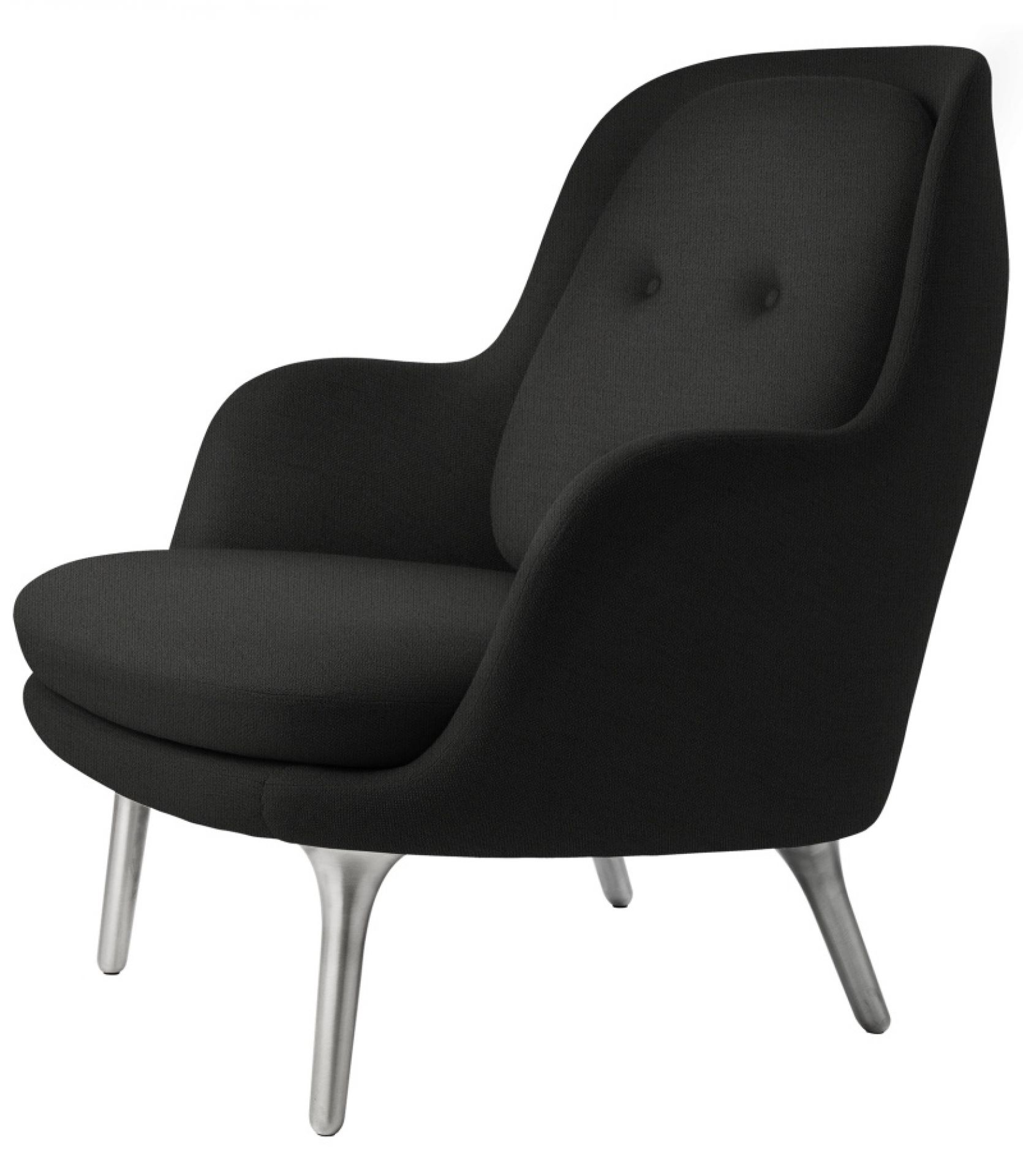 Schwarzer Fri Sessel von Fritz Hansen mit Knopfdetails und silbernen Beinen, freigestellt. Design Sessel.