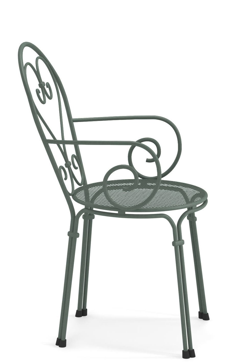 Pigalle Stuhl Outdoor Emu, grüner Metallstuhl mit Armlehne und filigranem Design für Garten und Terrasse.