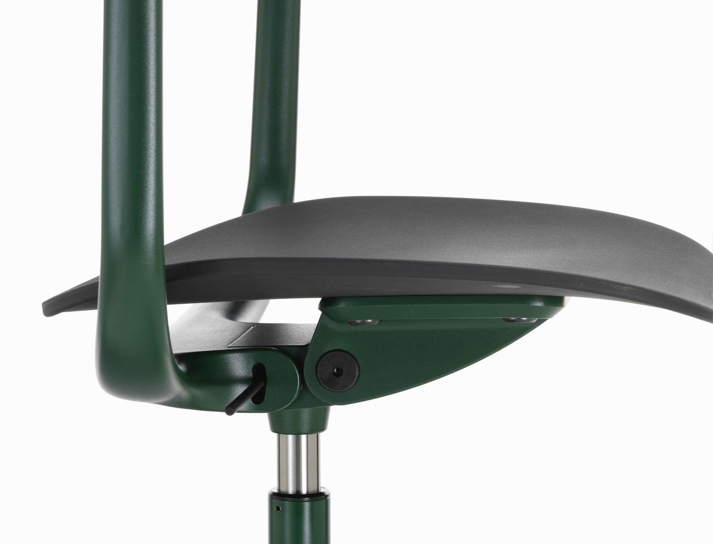 Detailaufnahme Mynt Bürodrehstuhl von Vitra: Grünes Gestell, graue Sitzfläche, ergonomisches Design für komfortables Sitzen.