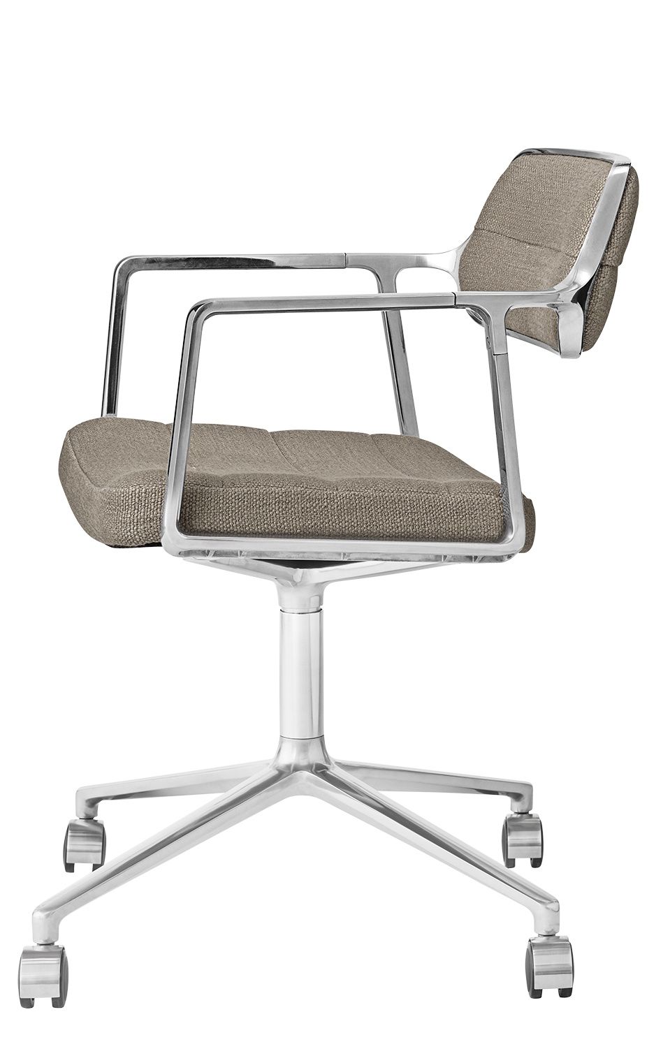 Vipp 453 / Vipp453 Draaistoel Swivel Chair Vipp Dark Sand Textiel / gepolijst aluminium frame met wieltjes