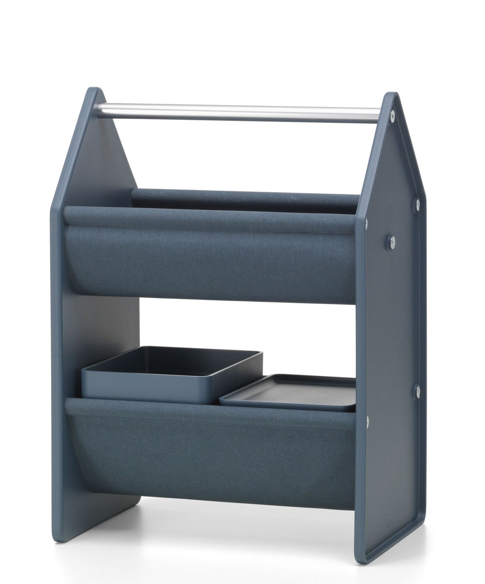 Vitra Drop Box Aufbewahrungsbox in Blau mit zwei Stoffbehältern und Ablageflächen, ideal für Kinderzimmer.