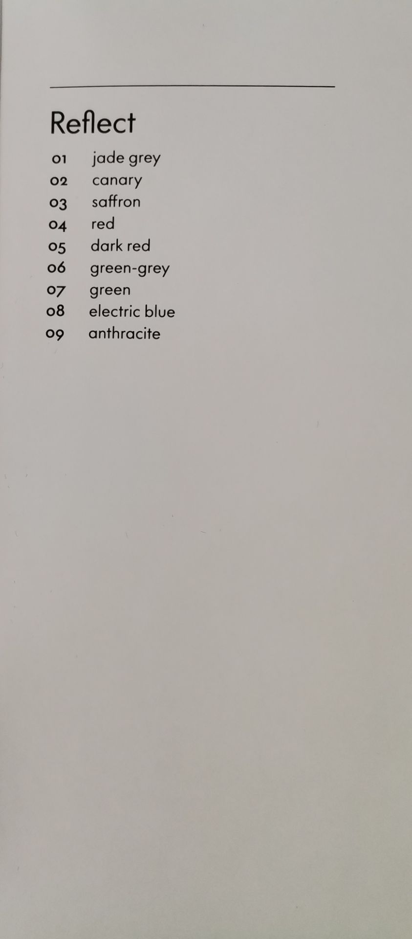 Vitra Reflect Stoffmusterkarte: Übersicht der verfügbaren Stofffarben wie Jade Grey, Canary, Saffron, Rot.