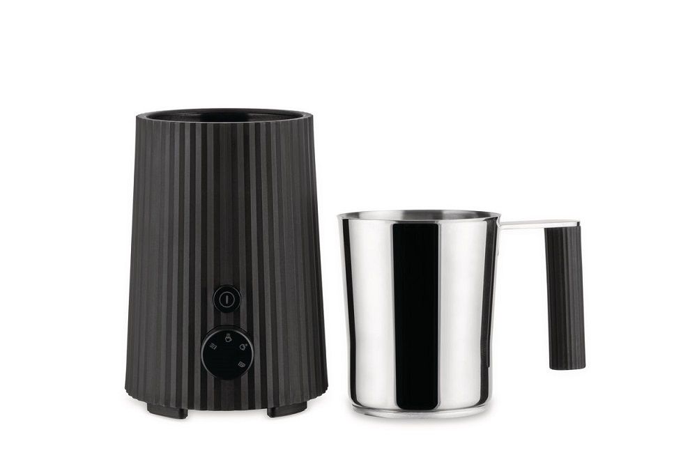 Alessi Plissé Milchaufschäumer MDL13 B: Schwarzer Induktions-Milchaufschäumer mit Edelstahl-Kanne für perfekten Milchschaum.