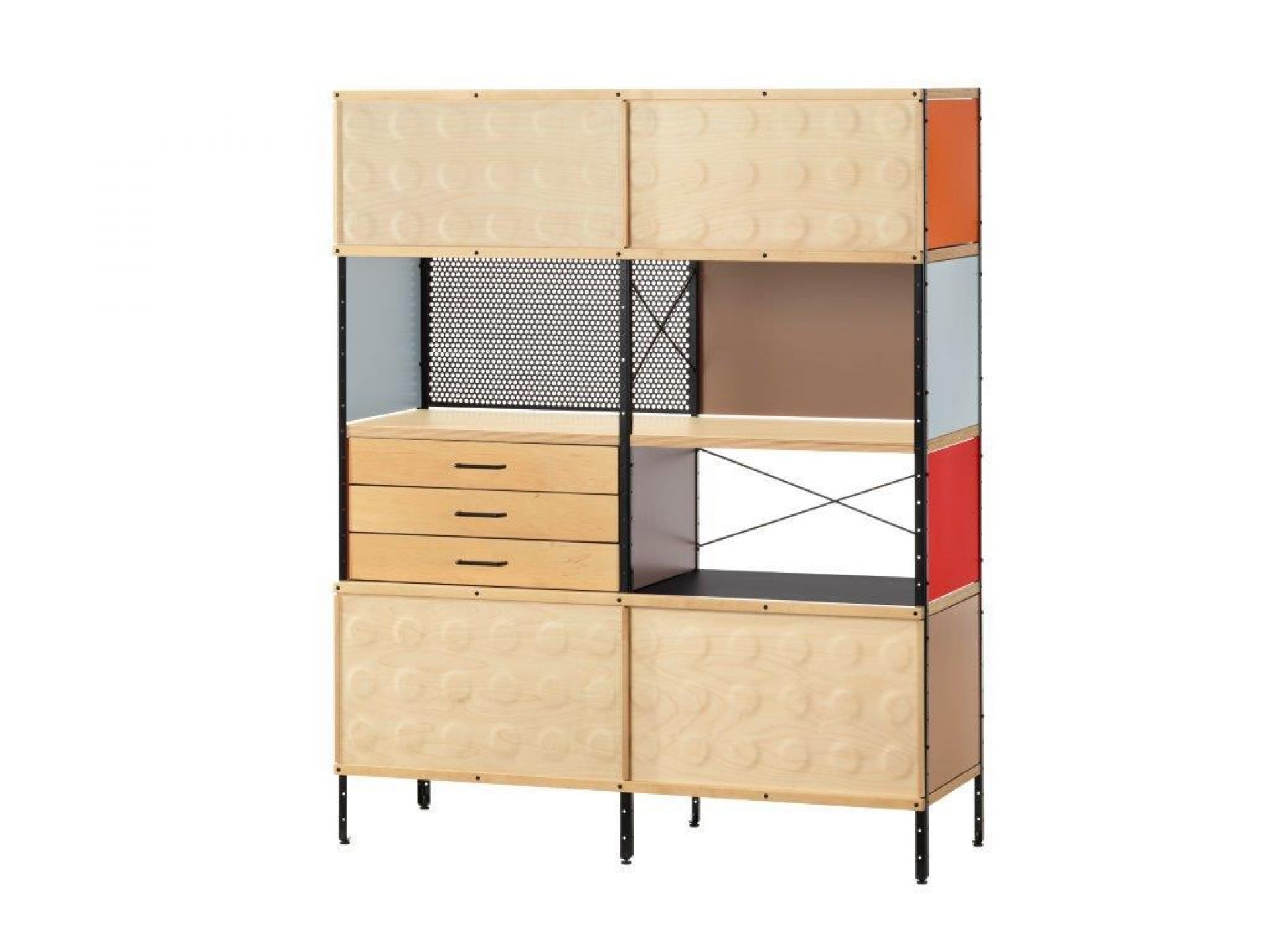 Eames Storage Unit Bücherregal von Vitra mit Holzfronten, Schubladen und farbigen Akzenten.