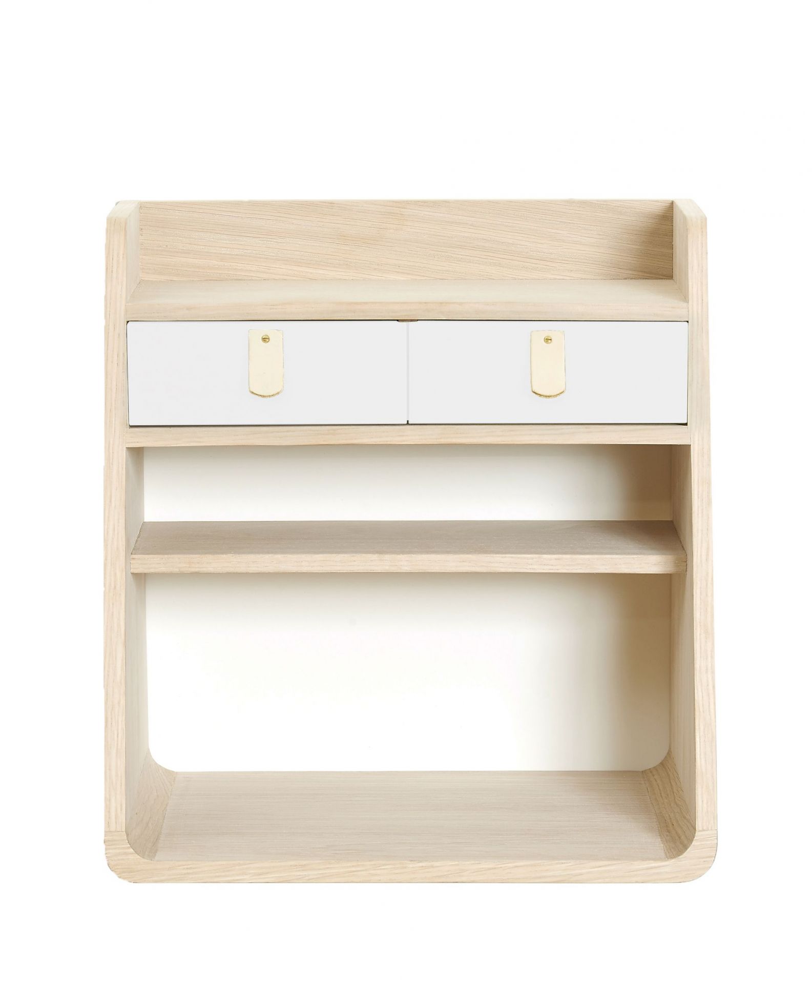 Hartô Suzon Wandschrank in Eiche und Weiß mit zwei Schubladen und Regalböden.