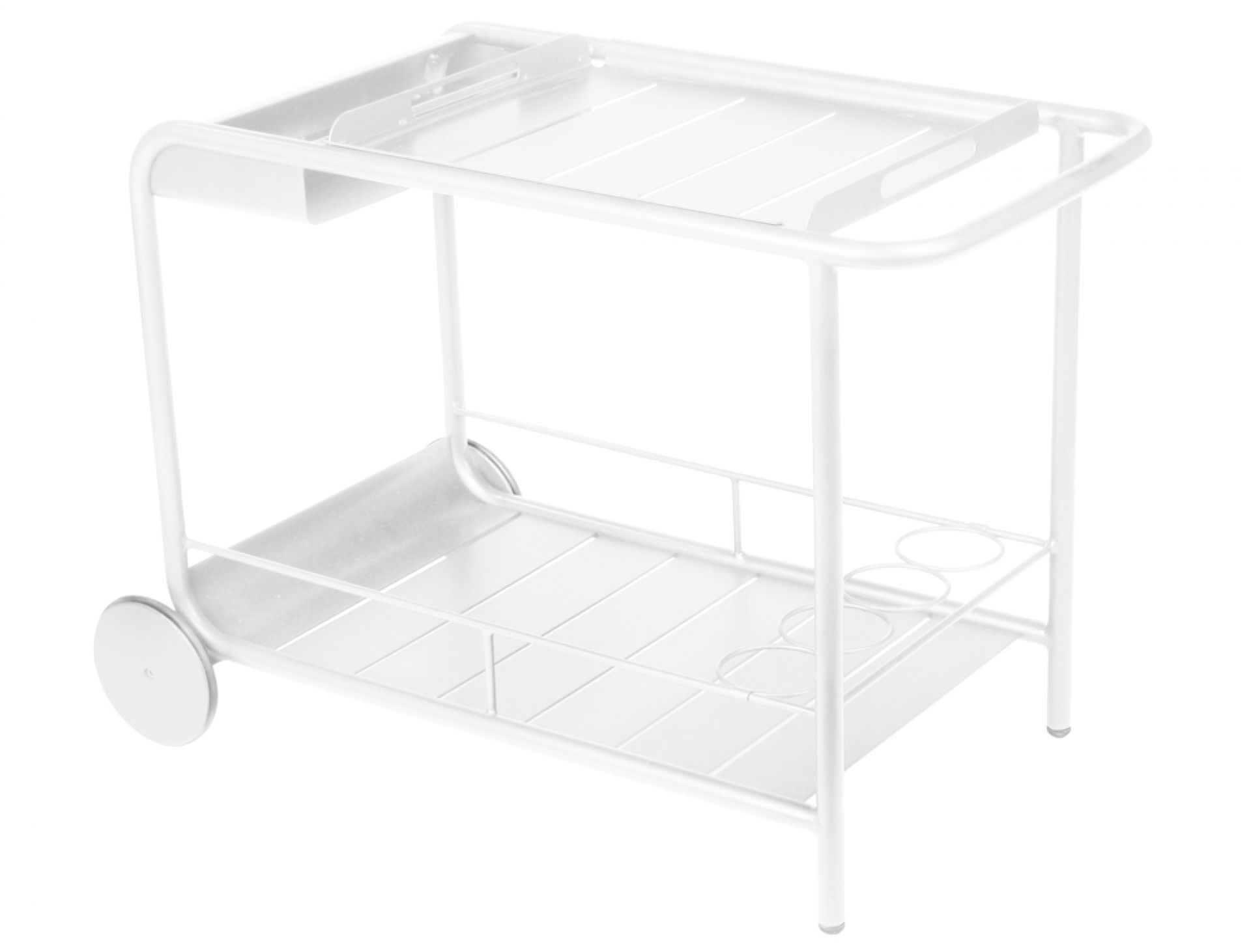 Weißer Luxembourg Outdoor Servierwagen von Fermob mit zwei Ablageflächen und Rollen für den Garten.