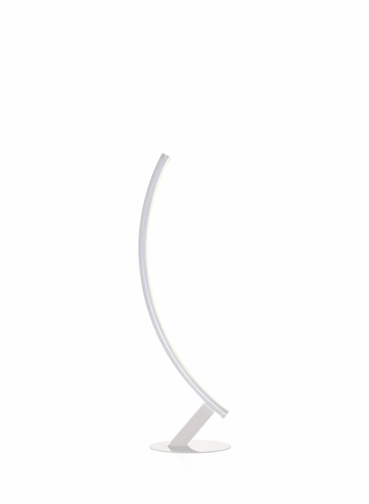 Kyudo Stehleuchte: Moderne, gebogene Stehlampe in Silber mit LED-Beleuchtung für Wohnzimmer und Büro.