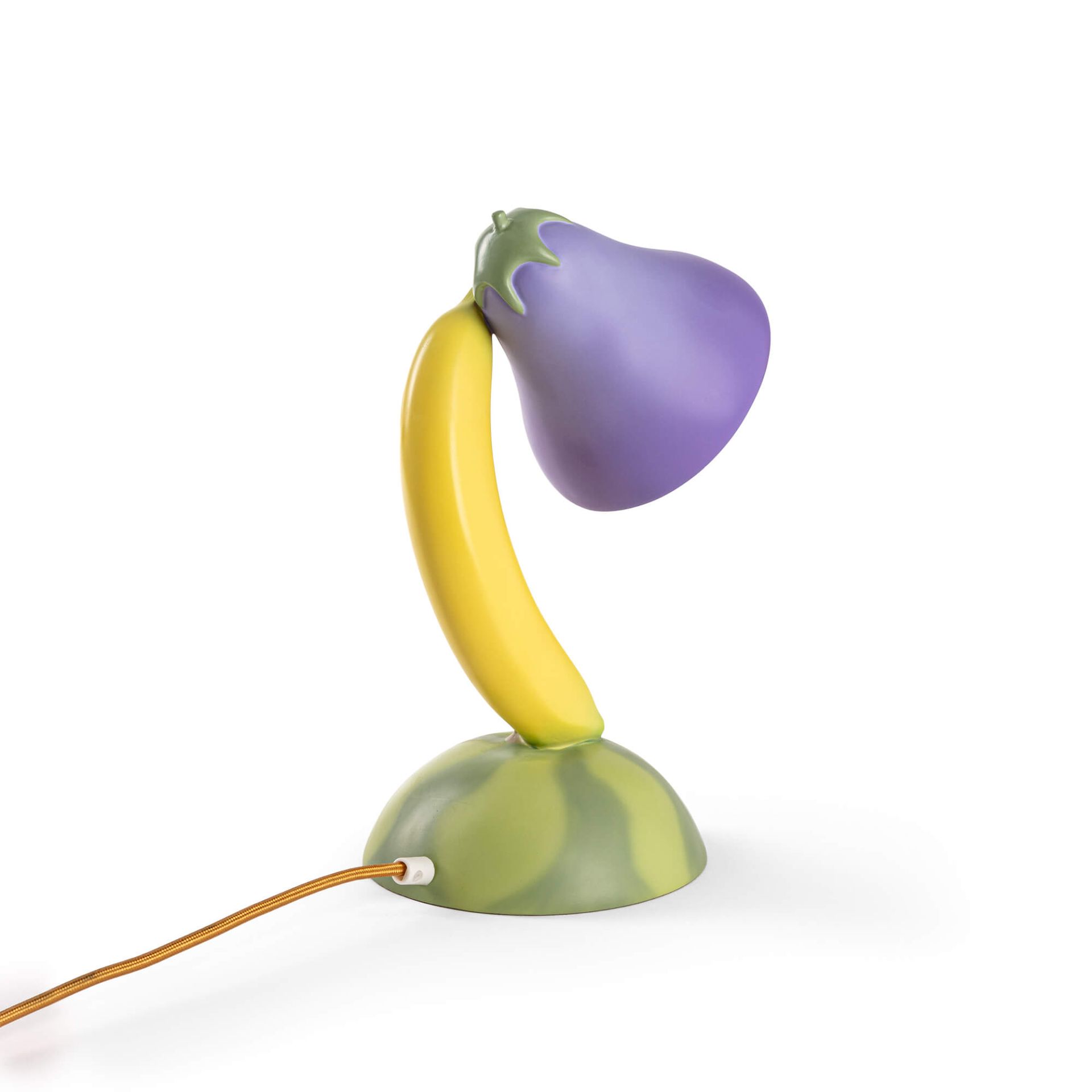Seletti Vitamin Table Lampe: Aubergine-farbige Tischleuchte in Form einer Aubergine und Banane.