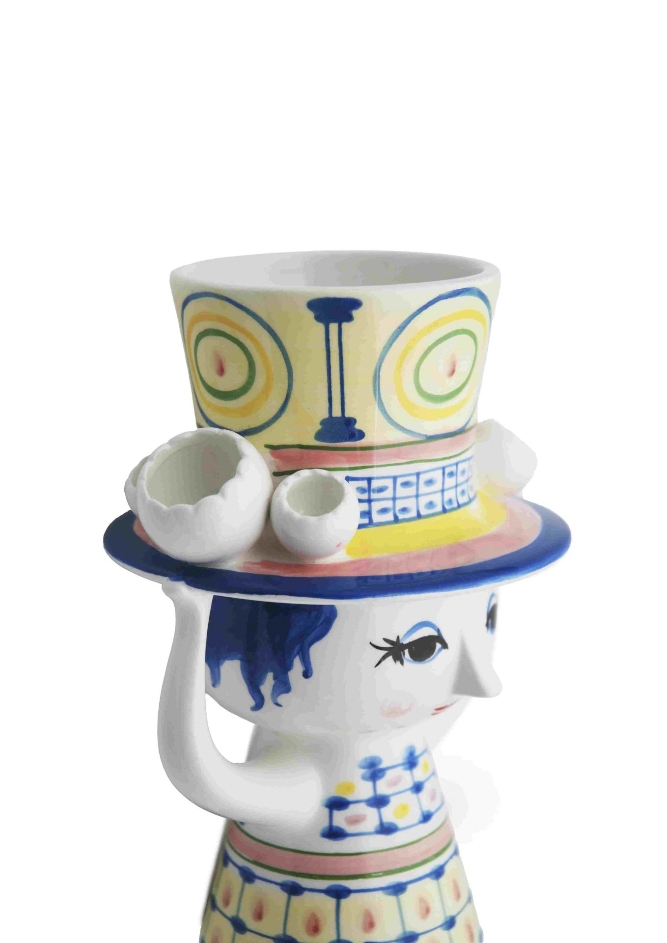 Detailaufnahme der Bjorn Wiinblad Lady with Hat Vase, Keramikvase mit farbenfrohem Dekor.