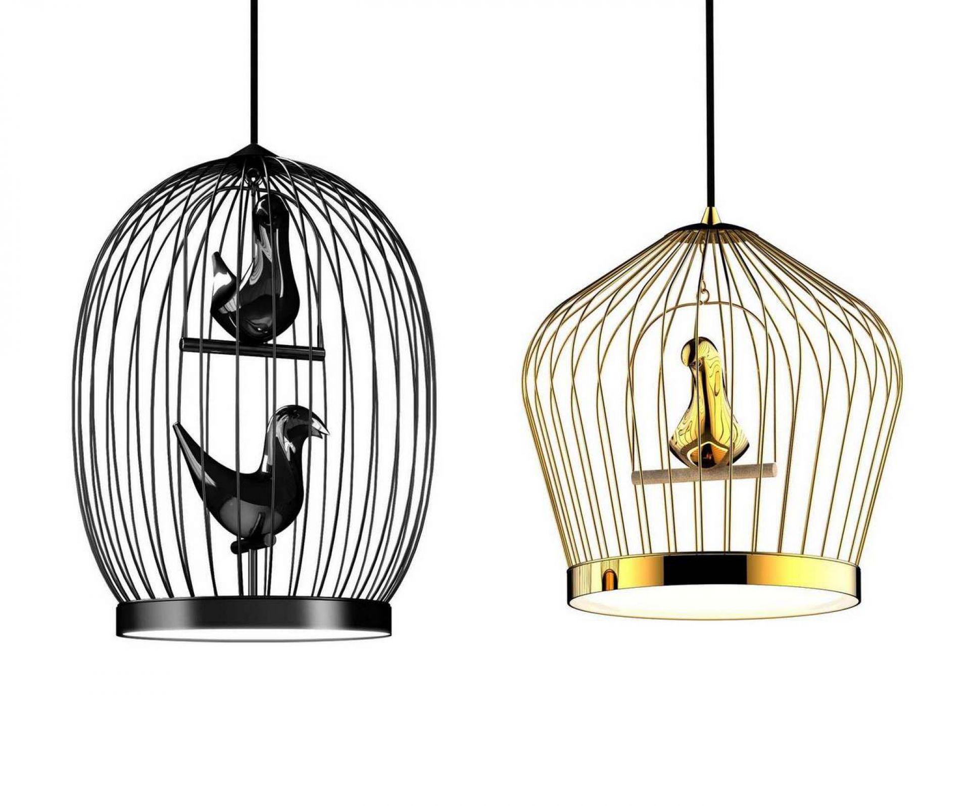 Twee T. Hängeleuchten von Casamania Horm: Moderne Vogelkäfig-Lampen in Gold und Schwarz mit Vogel-Design.