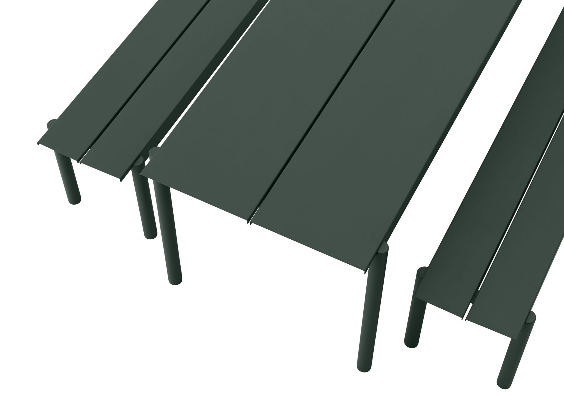 Nahaufnahme der Muuto Linear Steel Bench Outdoor Bank, Gartenmöbel aus Stahl in Dunkelgrün.