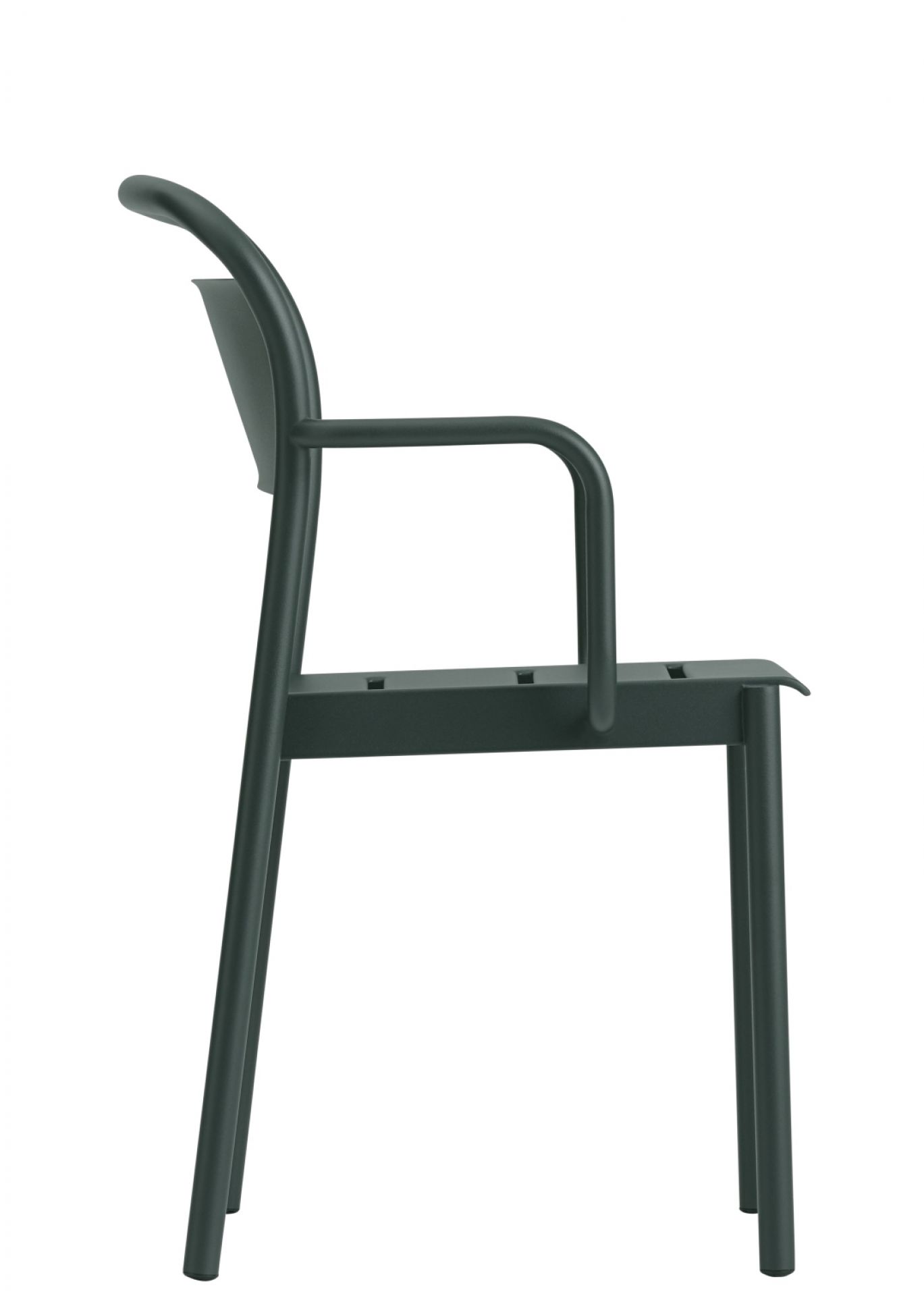 Muuto Linear Steel Armchair: Grauer Outdoor Armlehnstuhl aus Stahl, Seitenansicht für Garten und Terrasse.