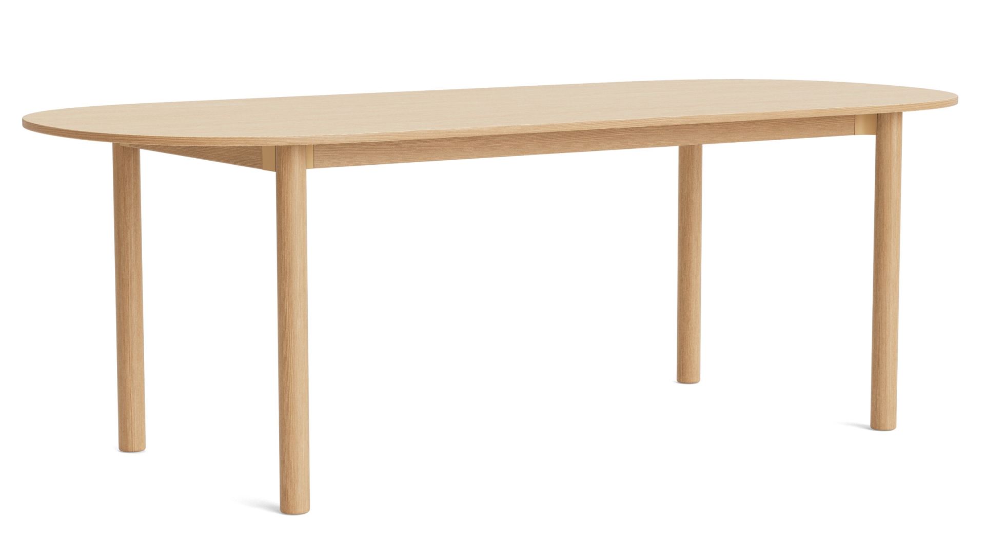 Annex Table von Hay: Ovaler Esstisch aus hellem Holz mit schlanken, runden Beinen.