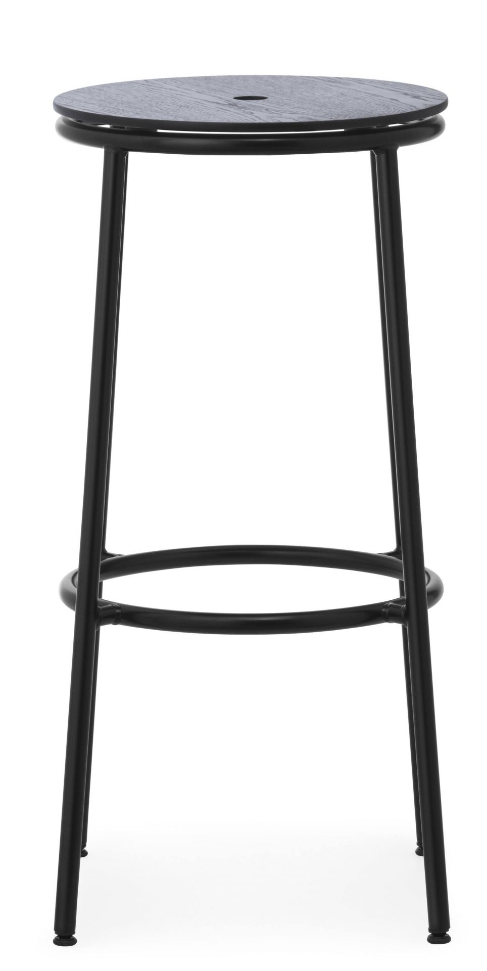 Circa Barhocker von Normann Copenhagen, Höhe 75 cm, mit schwarzem Holz-Sitz und schwarzem Metallgestell.