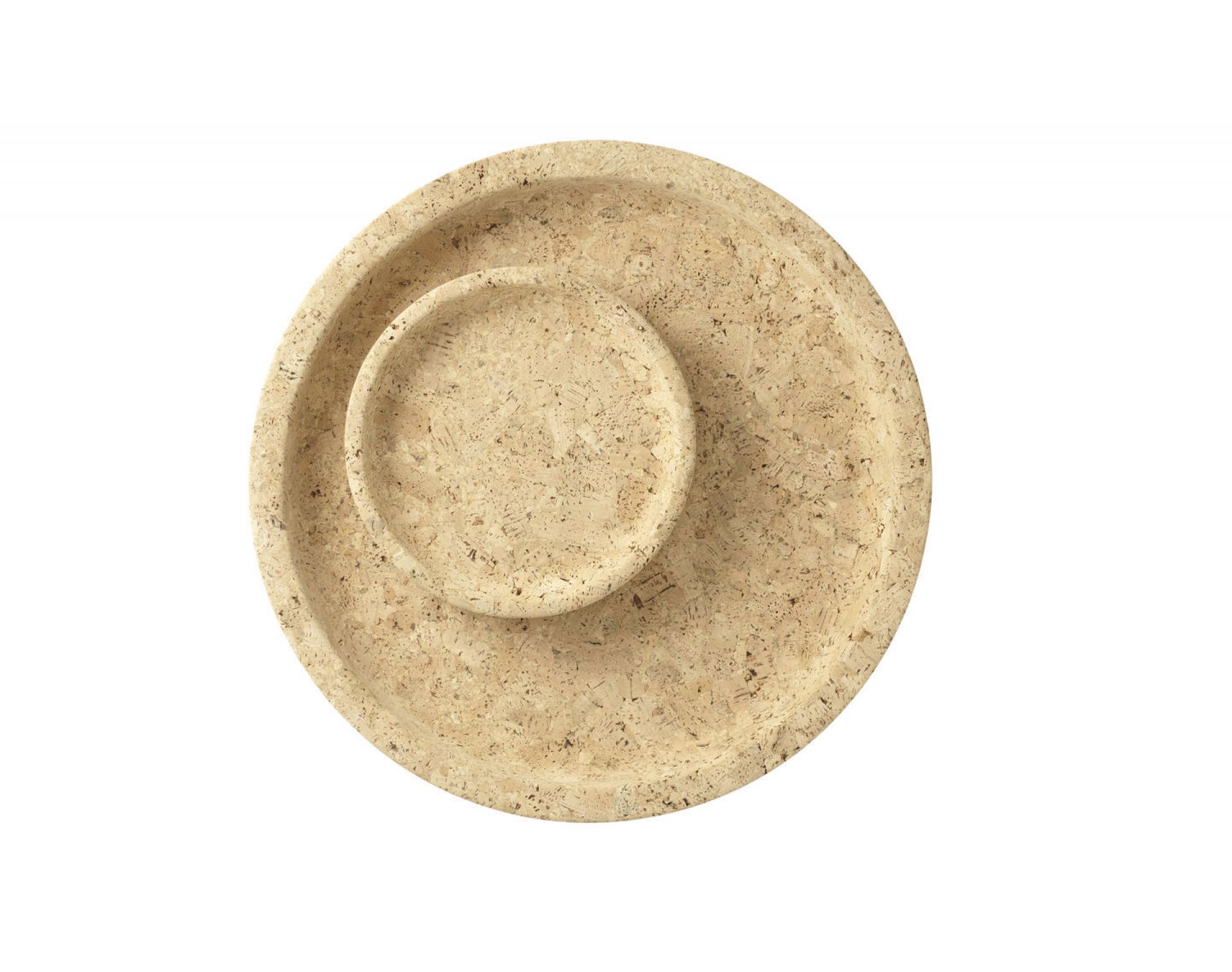 Vitra Cork Bowls: Kleine Korkschale und Tablett aus Naturkork, runde Form, von oben fotografiert.