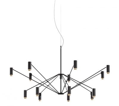 The W Pendelleuchte von Marset, moderne Hängelampe in Schwarz mit zylindrischen Leuchtenarmen und warmem Licht.