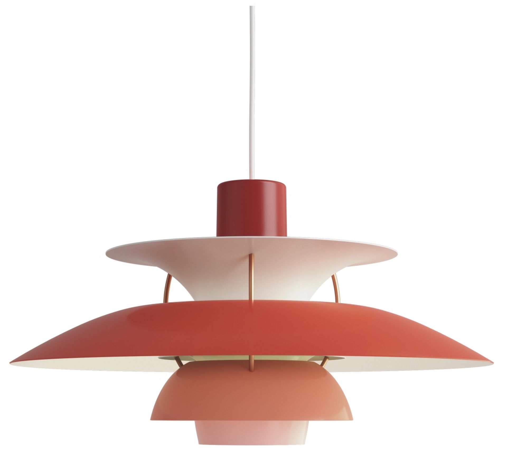 Rote PH 5 Pendelleuchte von Louis Poulsen, Design-Klassiker für stilvolle Beleuchtung im Wohnraum.