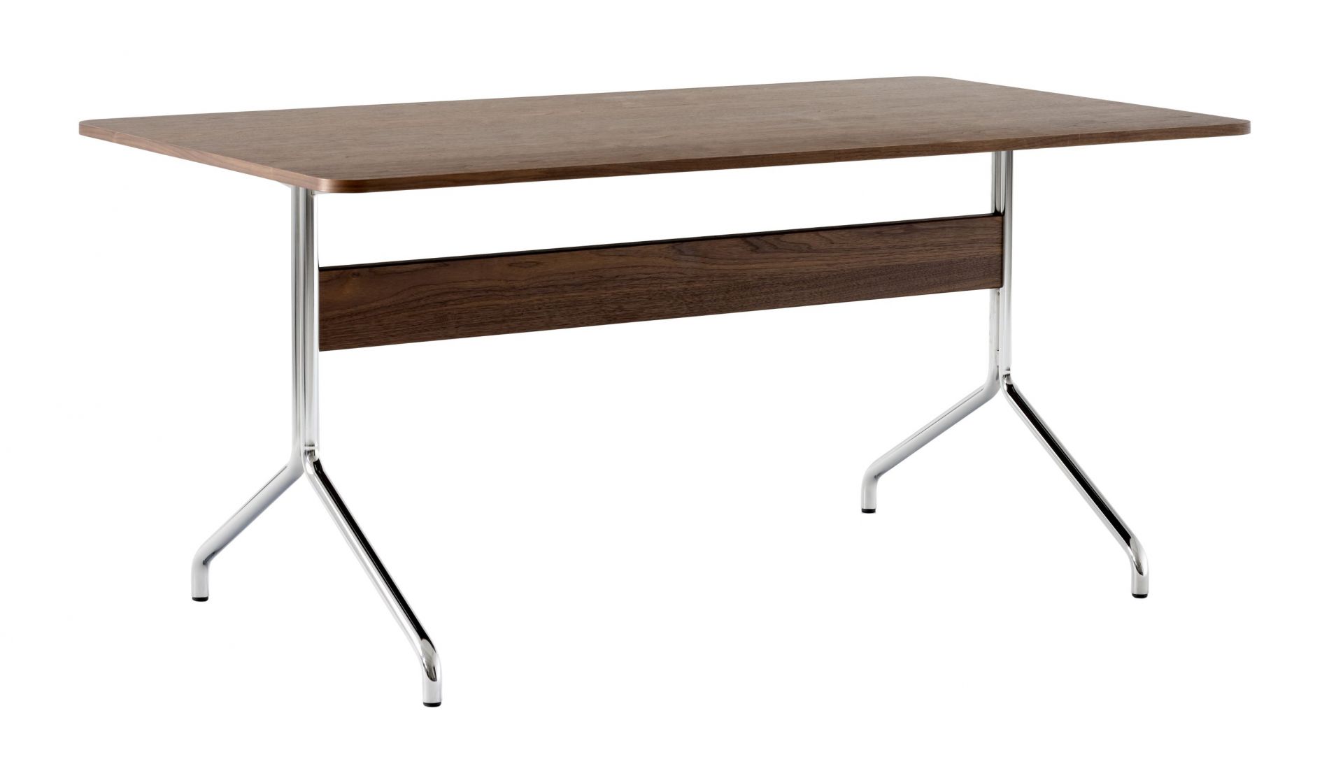 AndTradition Pavilion AV Tisch mit Holzplatte und verchromtem Stahlgestell, modernes Design für Büro und Zuhause.
