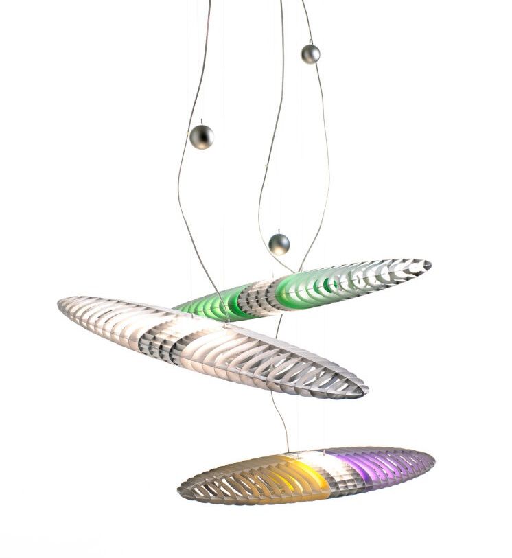 D17 Titania Hängeleuchte von Luceplan: Moderne Pendelleuchte mit farbigen Filtern und Zugpendel.