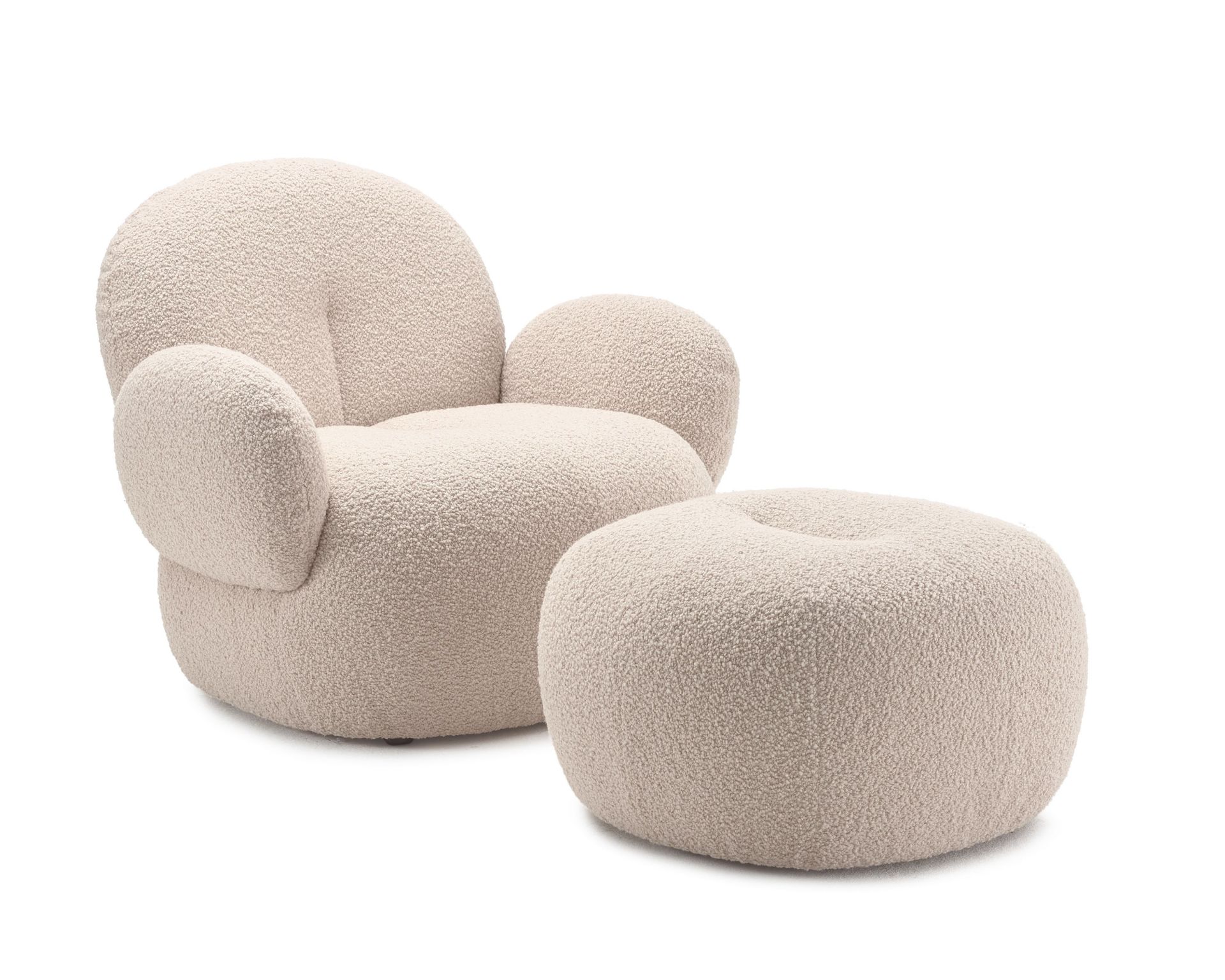 Nana Polsterhocker von Freifrau Manufaktur, Sessel und Hocker in Bouclé Creme Weiß.