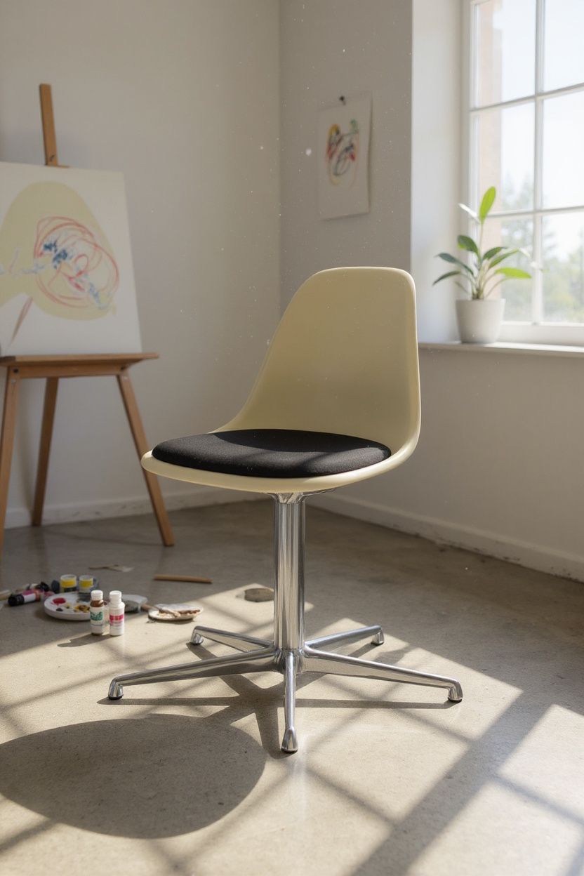 Eames Side Chair DSL mit Sitzpolster von Vitra, hellbeige Schale, schwarzes Kissen, Chromgestell.