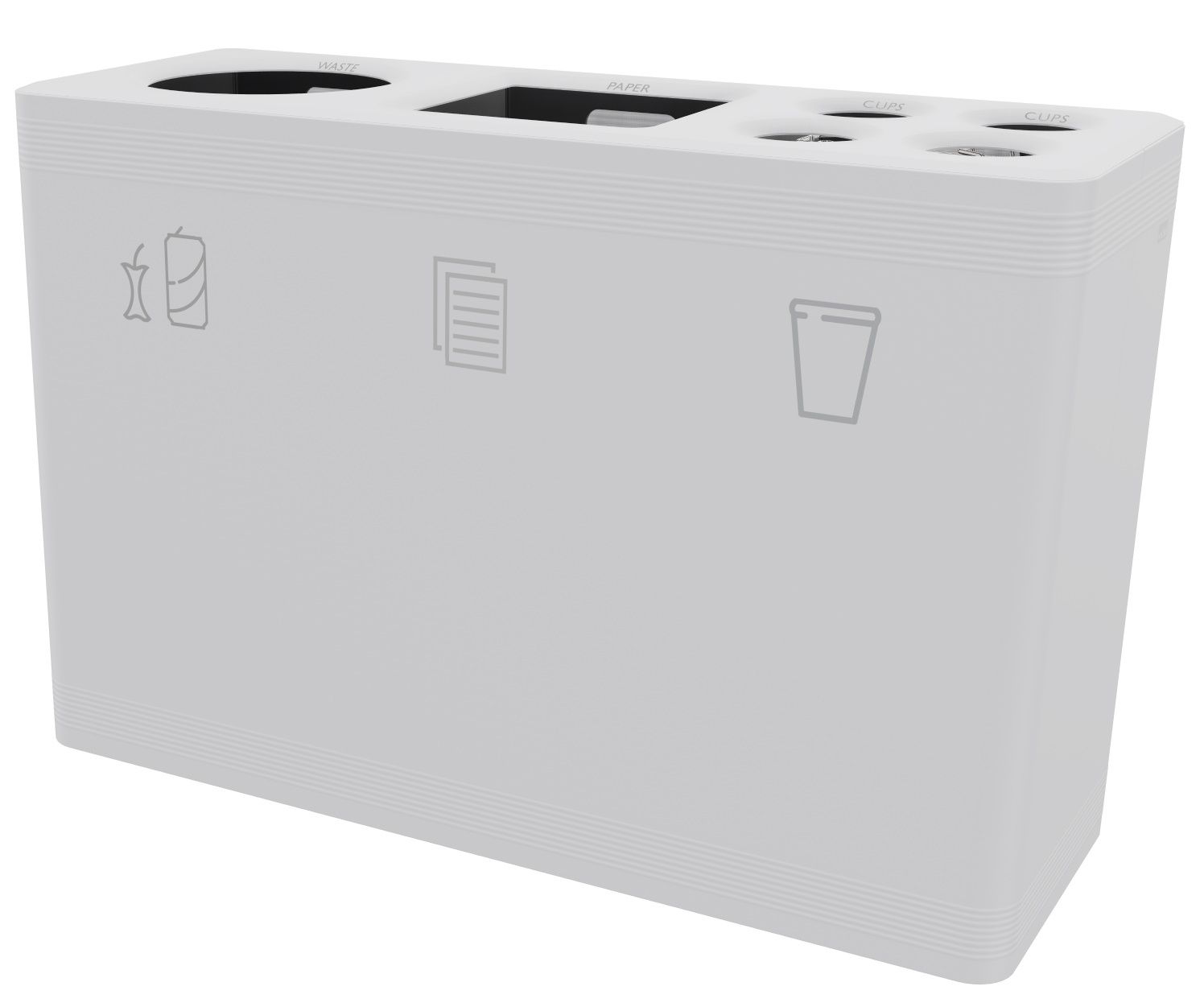 Weißes Ditch 3 Abfalltrennsystem Functionals mit drei Fächern für Abfall, Papier und Becher.