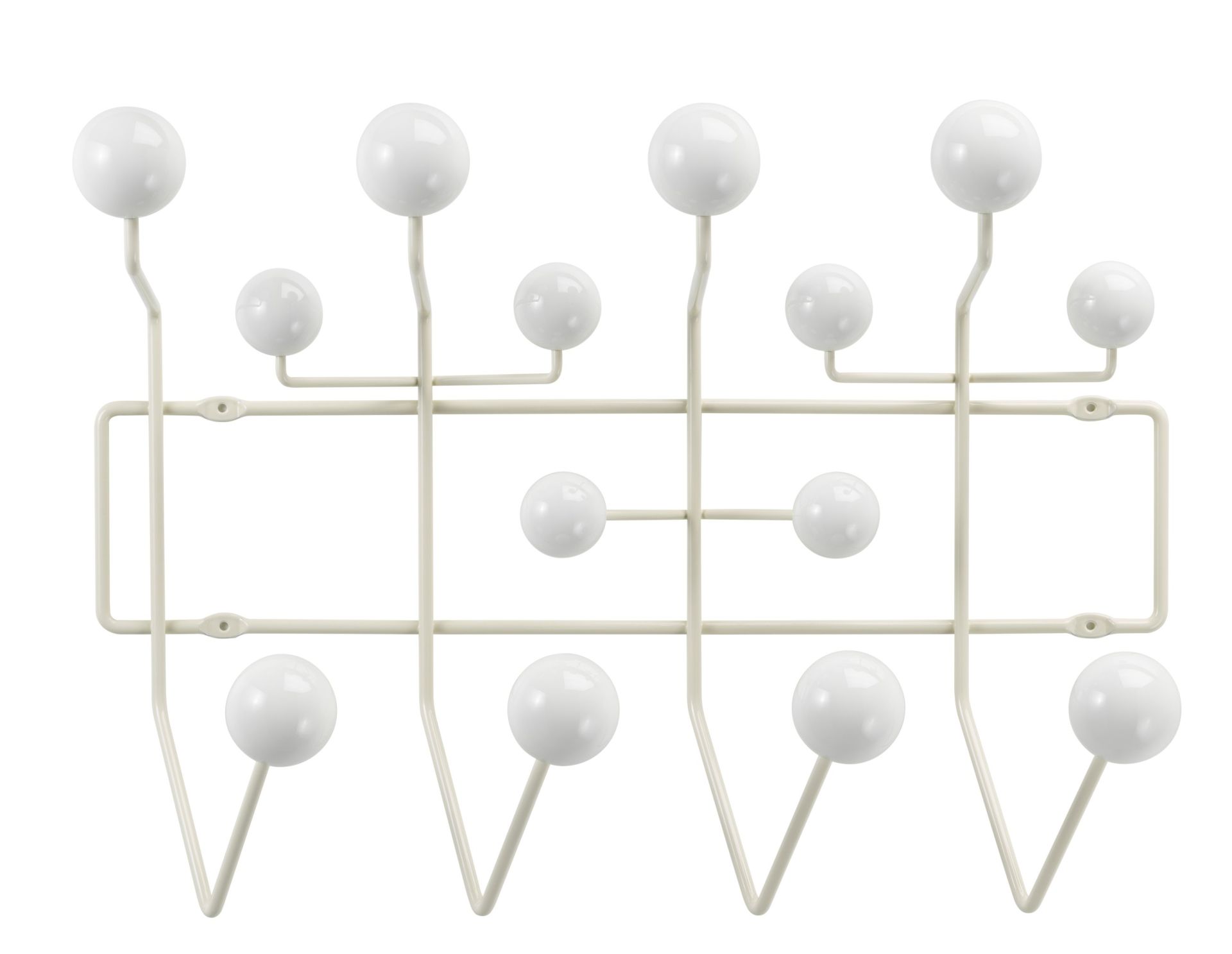 Eames Hang it all Garderobe von Vitra in Warmweiss, moderne Wandgarderobe mit bunten Holzkugeln.