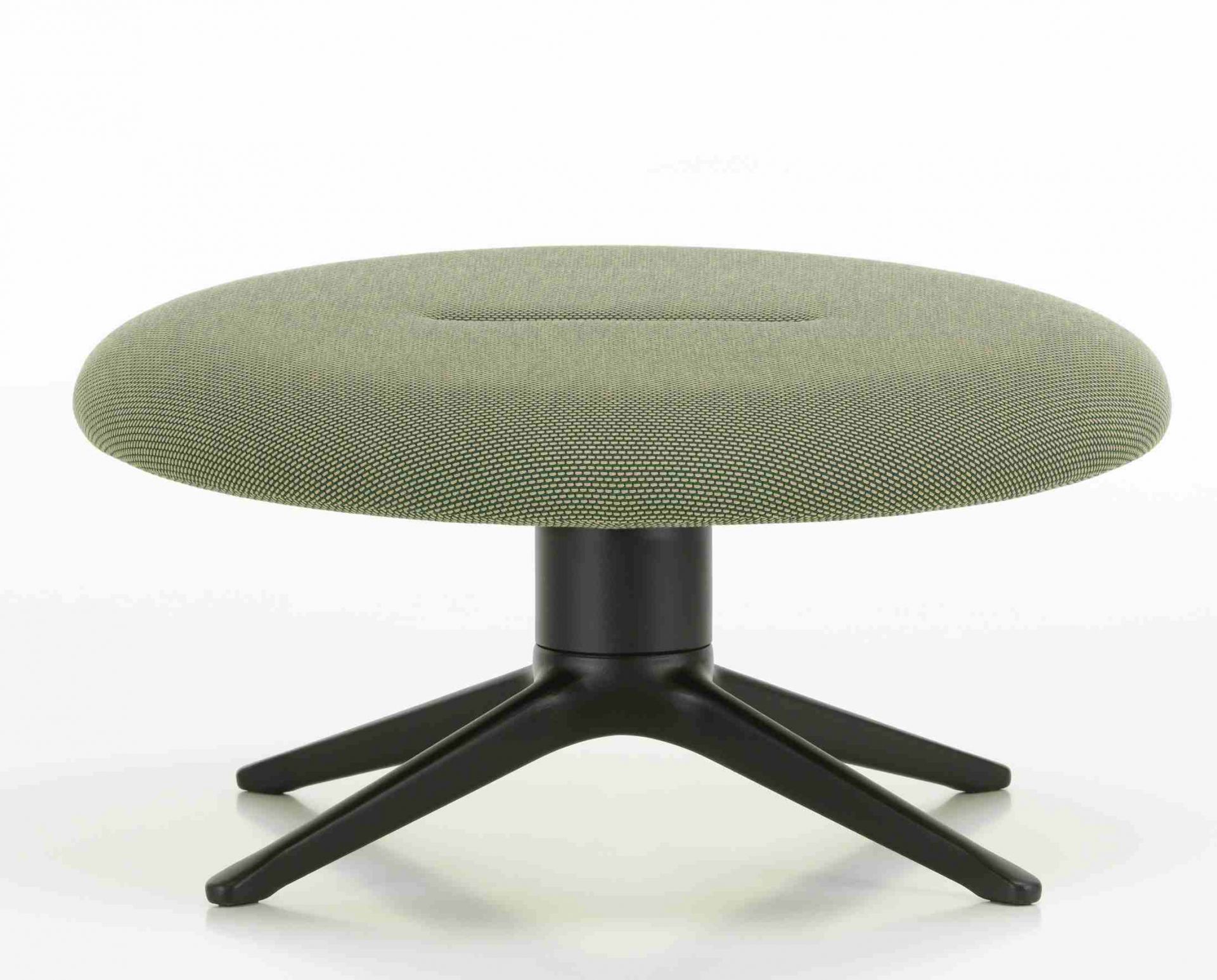 Abalon Platform Ottoman Vitra, runder Hocker mit grünem Bezug und schwarzem Fußkreuz.