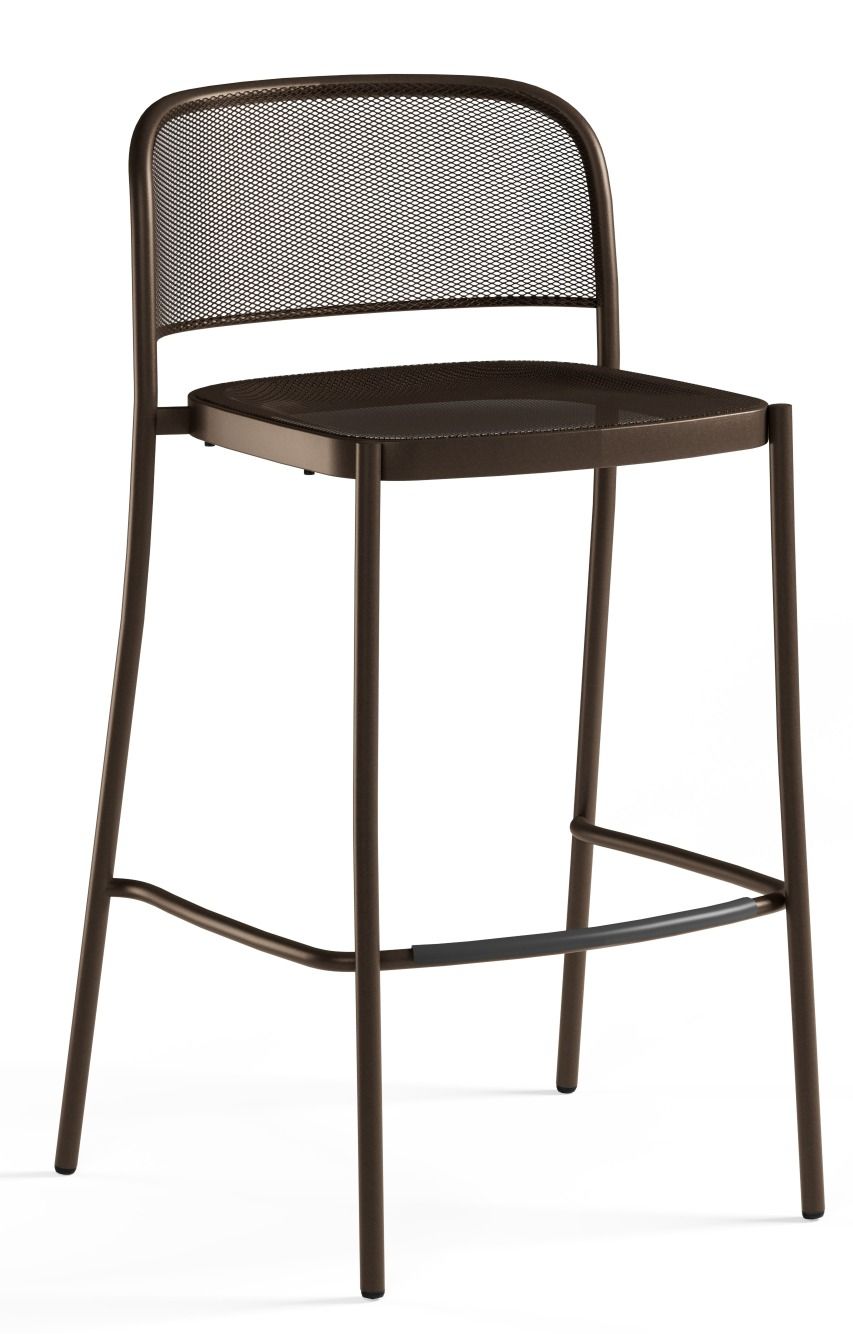Café Barstool Barhocker von Emu für den Außenbereich, braunes Metallgestell mit Fußstütze und Netzstruktur.