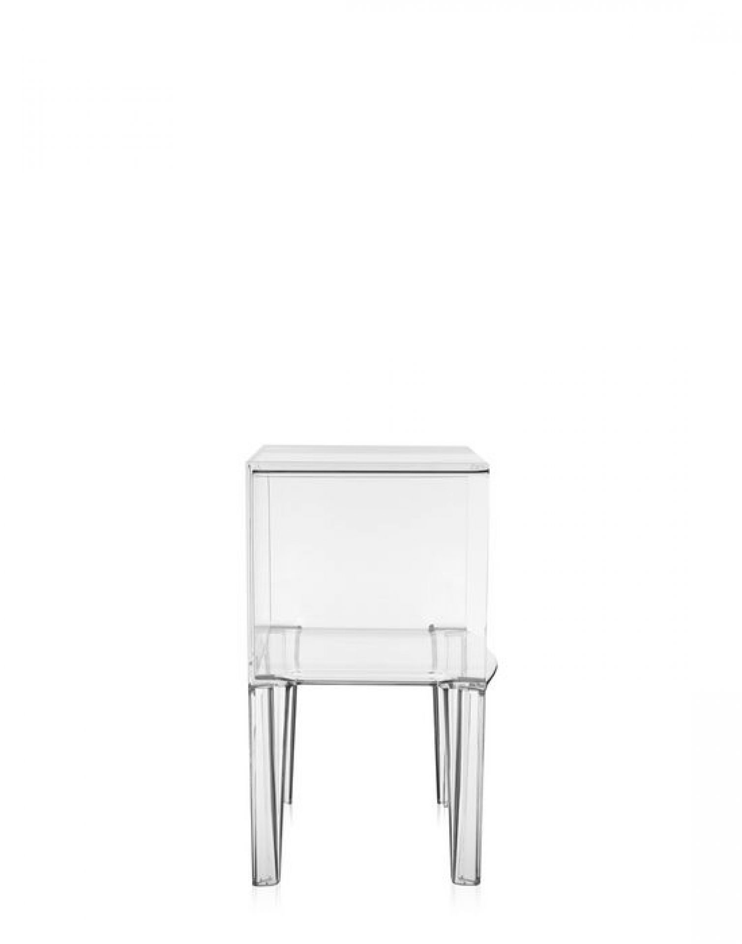 Transparente Kartell Ghost Buster Kommode, kleine Nachttisch-Variante aus Kunststoff, modernes Möbeldesign für Schlafzimmer.
