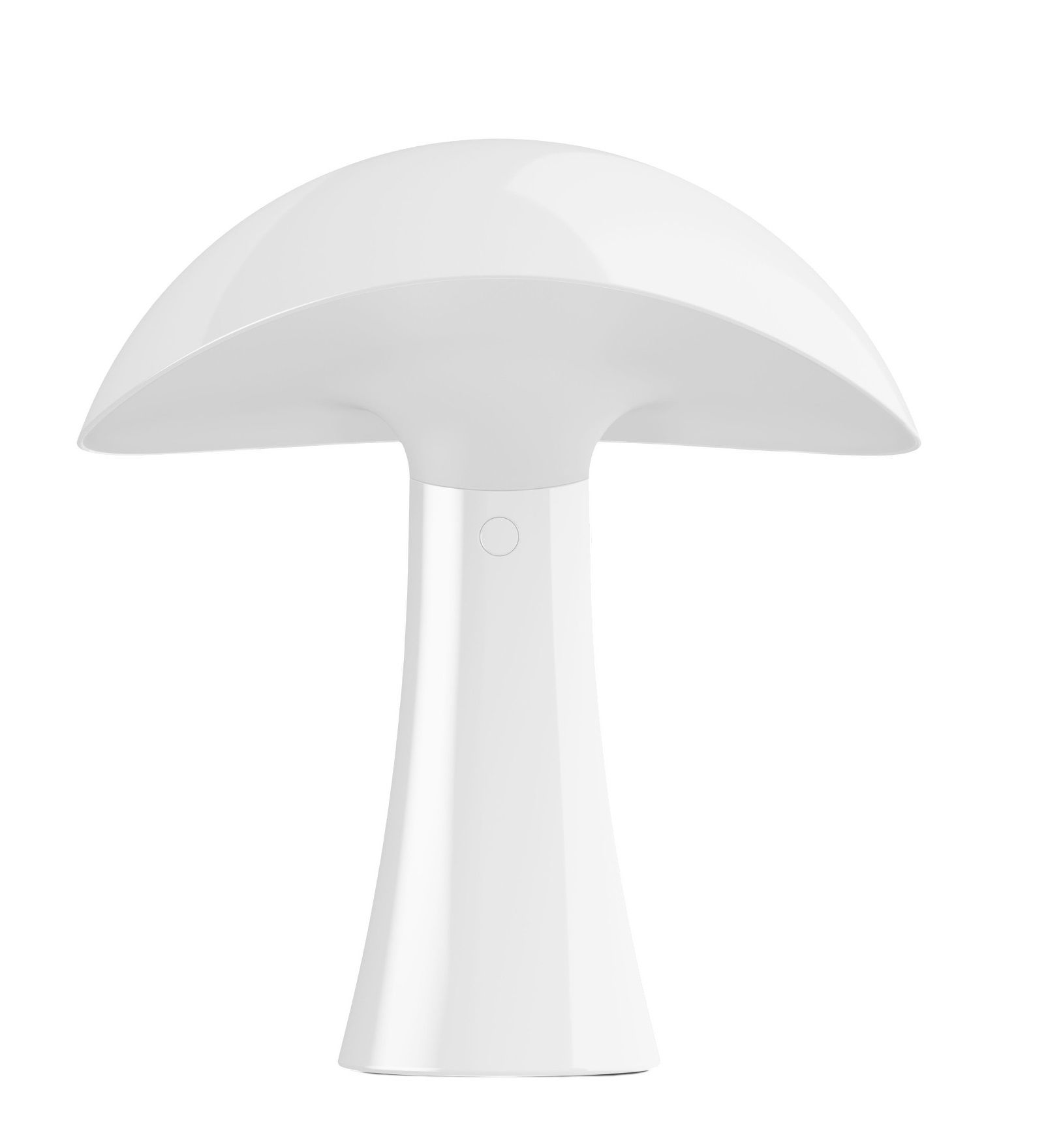 Weiße Rumee Akkuleuchte von Louis Poulsen, pilzförmiges Design für drinnen und draußen.