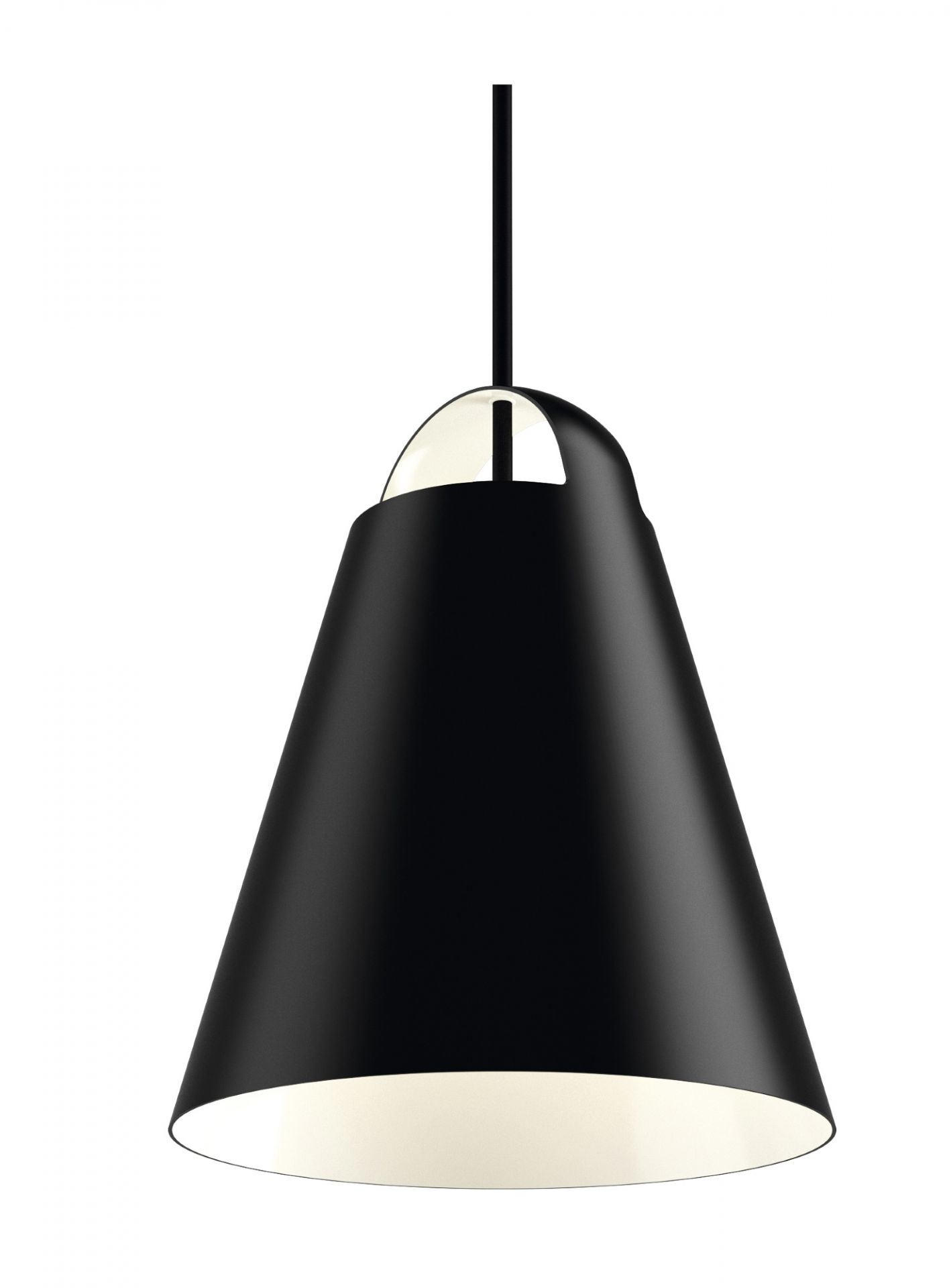Schwarze Above Pendelleuchte von Louis Poulsen, kegelförmig, mit weißem Lichtaustritt nach unten, modernes Design.