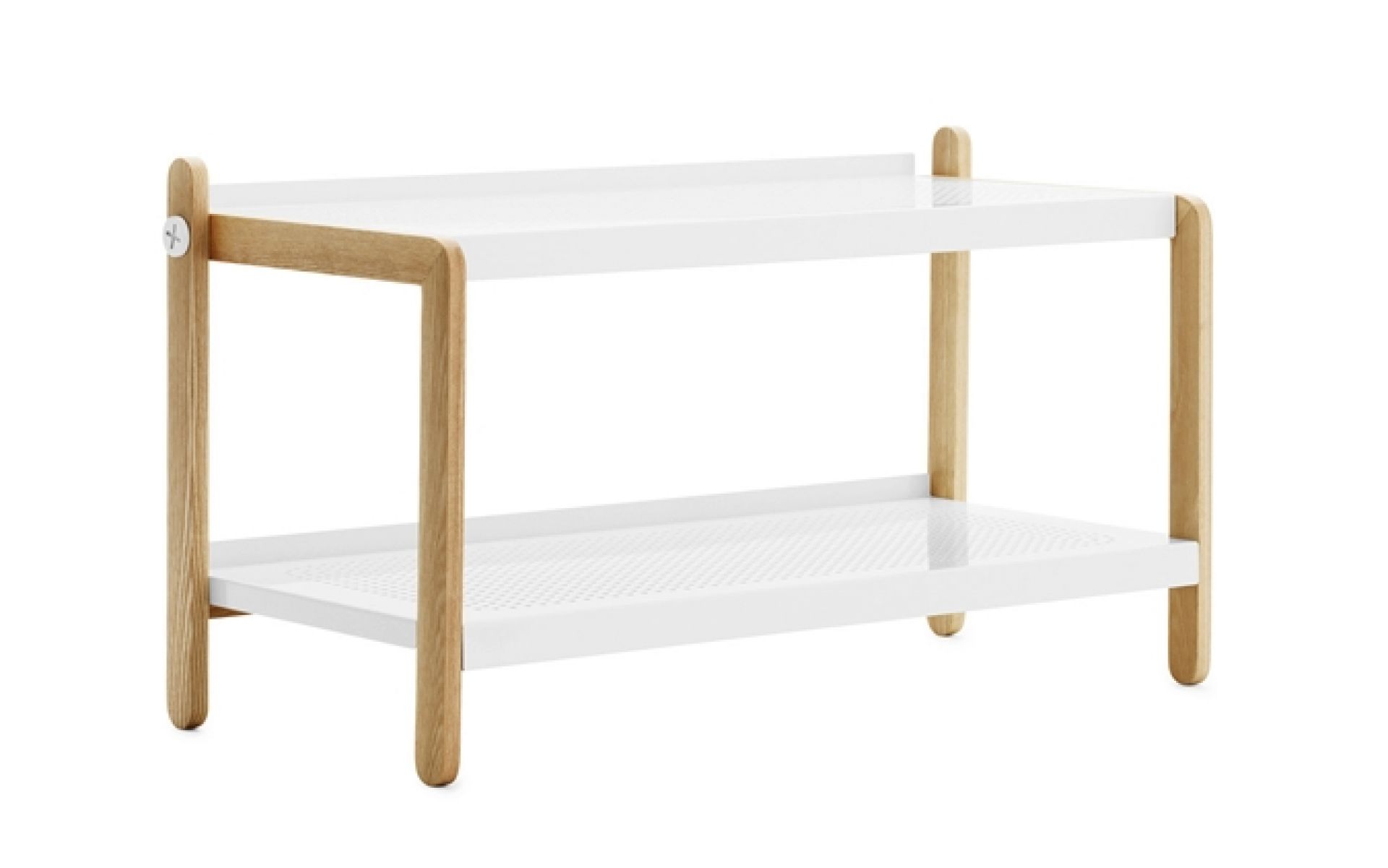 Sko Schuhregal von Normann Copenhagen mit zwei Ablagen aus weißem Stahl und hellem Holz.