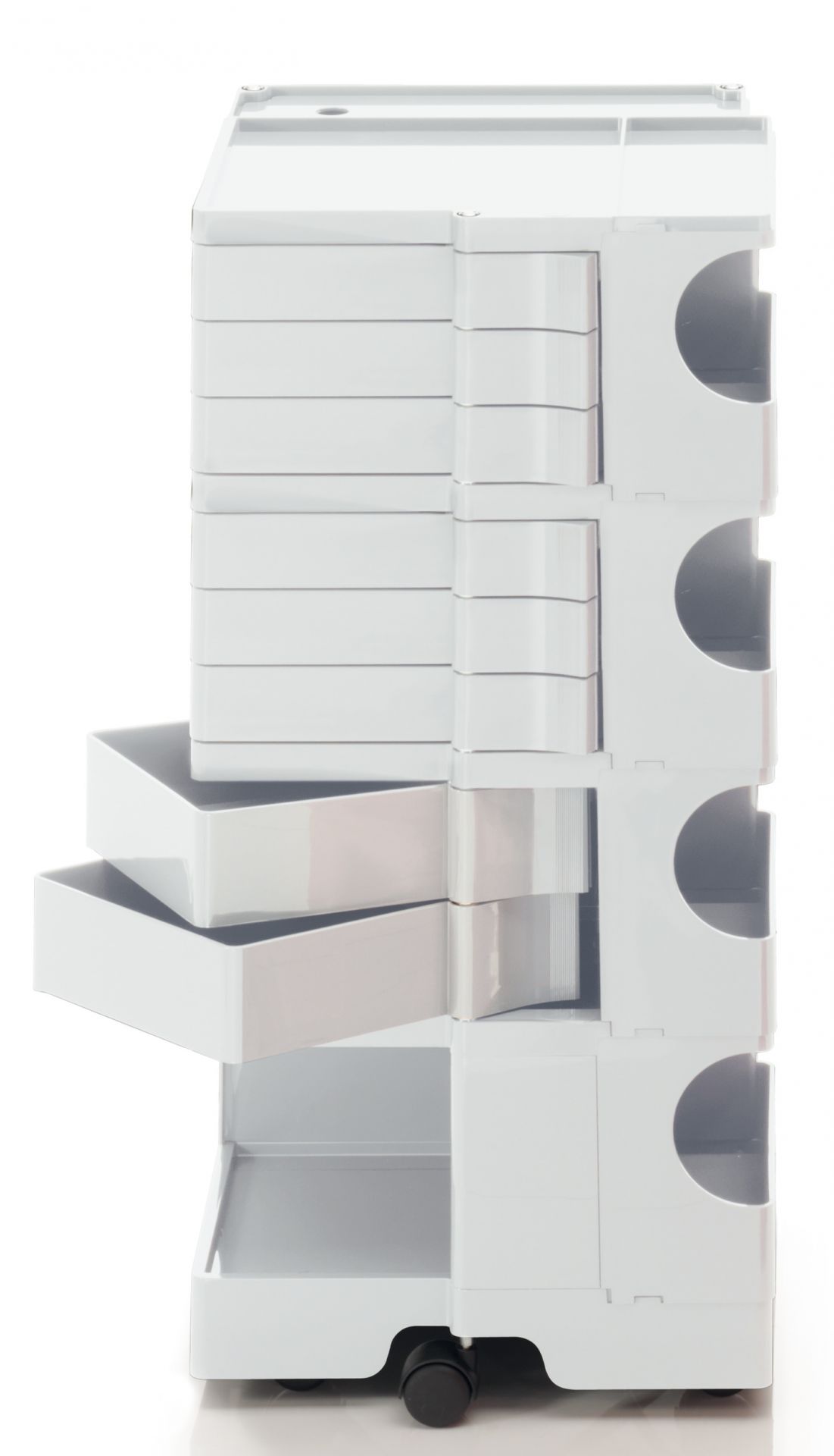 Weißer Boby Rollcontainer mit Schubladen und Fächern, ideal für Büro oder Werkstatt.