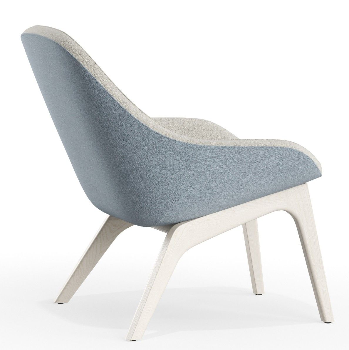 Morph Lounge Chair Sessel von Zeitraum, hellblau-beige gepolstert mit hellem Holzgestell, seitliche Ansicht.