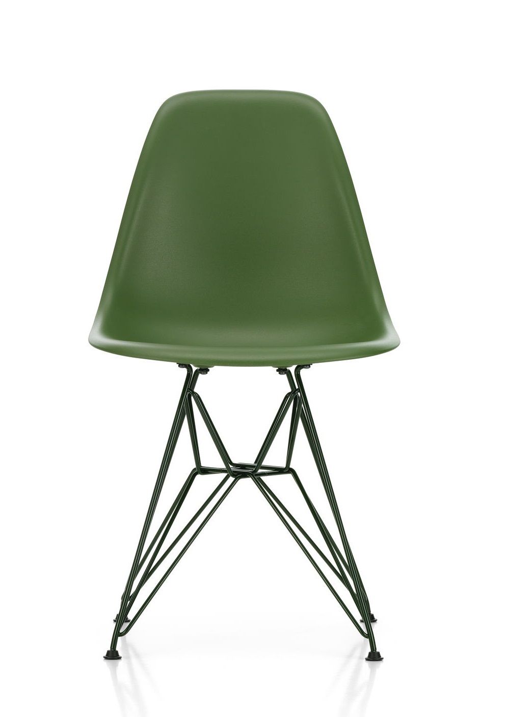Grüner Eames DSR Stuhl von Vitra mit verchromtem Eiffelgestell, ideal für modernes Wohnen.