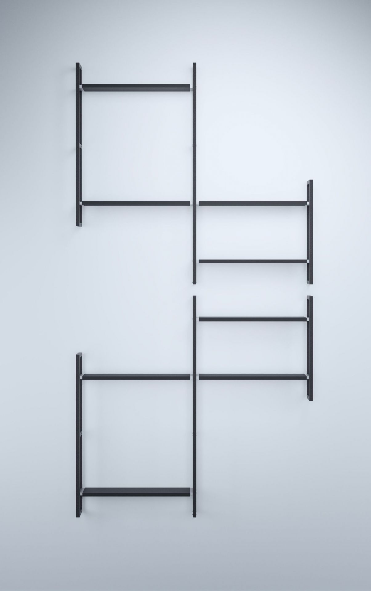 Schwarzes Wandregal Grundmodul D Oncono, modernes Regalsystem zur individuellen Gestaltung an der Wand.
