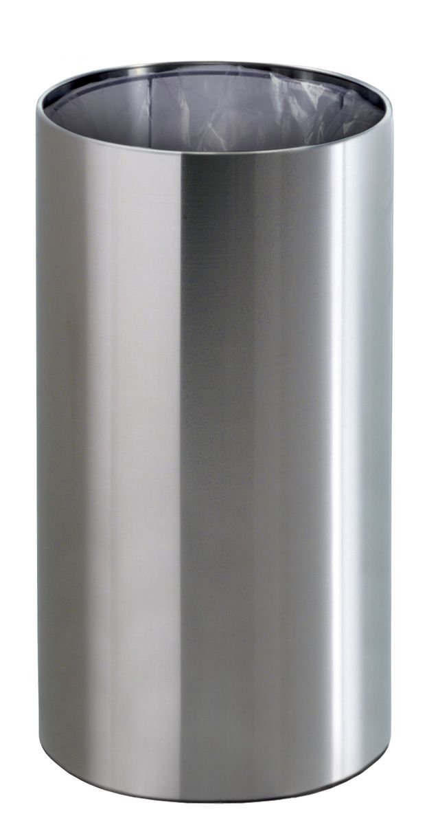 NOX Papierkorb von Rexite, zylindrischer Abfalleimer aus glänzendem Metall mit eingesetztem Müllbeutel.