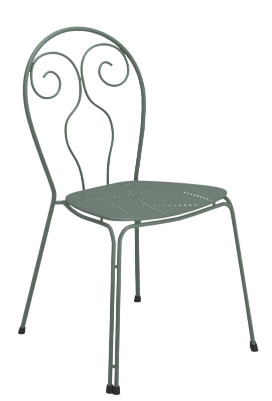 Grüner Caprera Stuhl von Emu für den Außenbereich, Metallstuhl mit Lochmuster und geschwungenem Rückendesign.