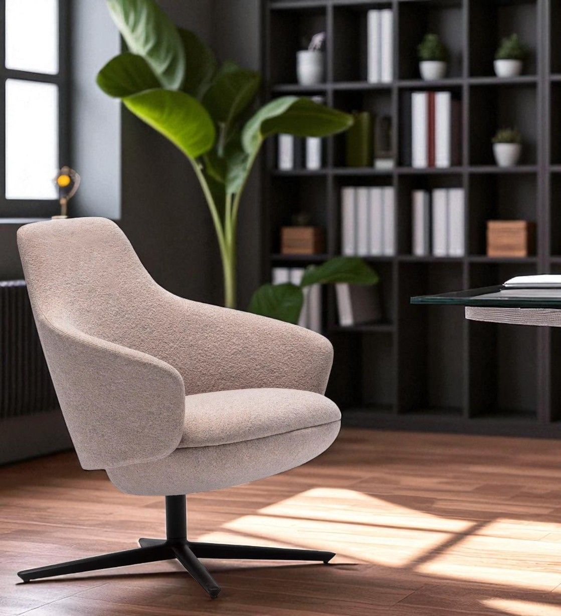 Beiger Calma Lounge Chair Sessel BU2330 von Andreu World mit Drehfuß in modernem Büroambiente.