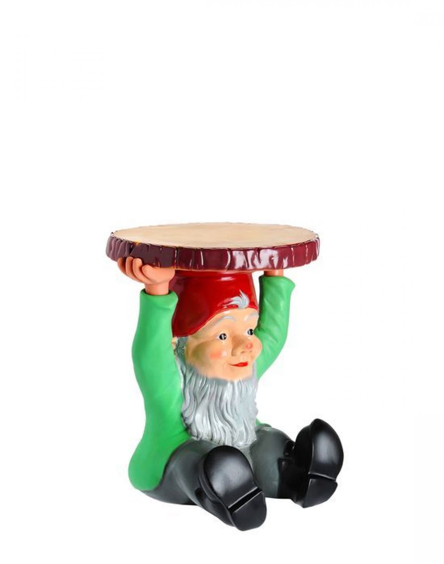 Gnomes Attila Beistelltisch: Sitzender Gartenzwerg mit roter Mütze, der eine Tischplatte aus Holz hält.