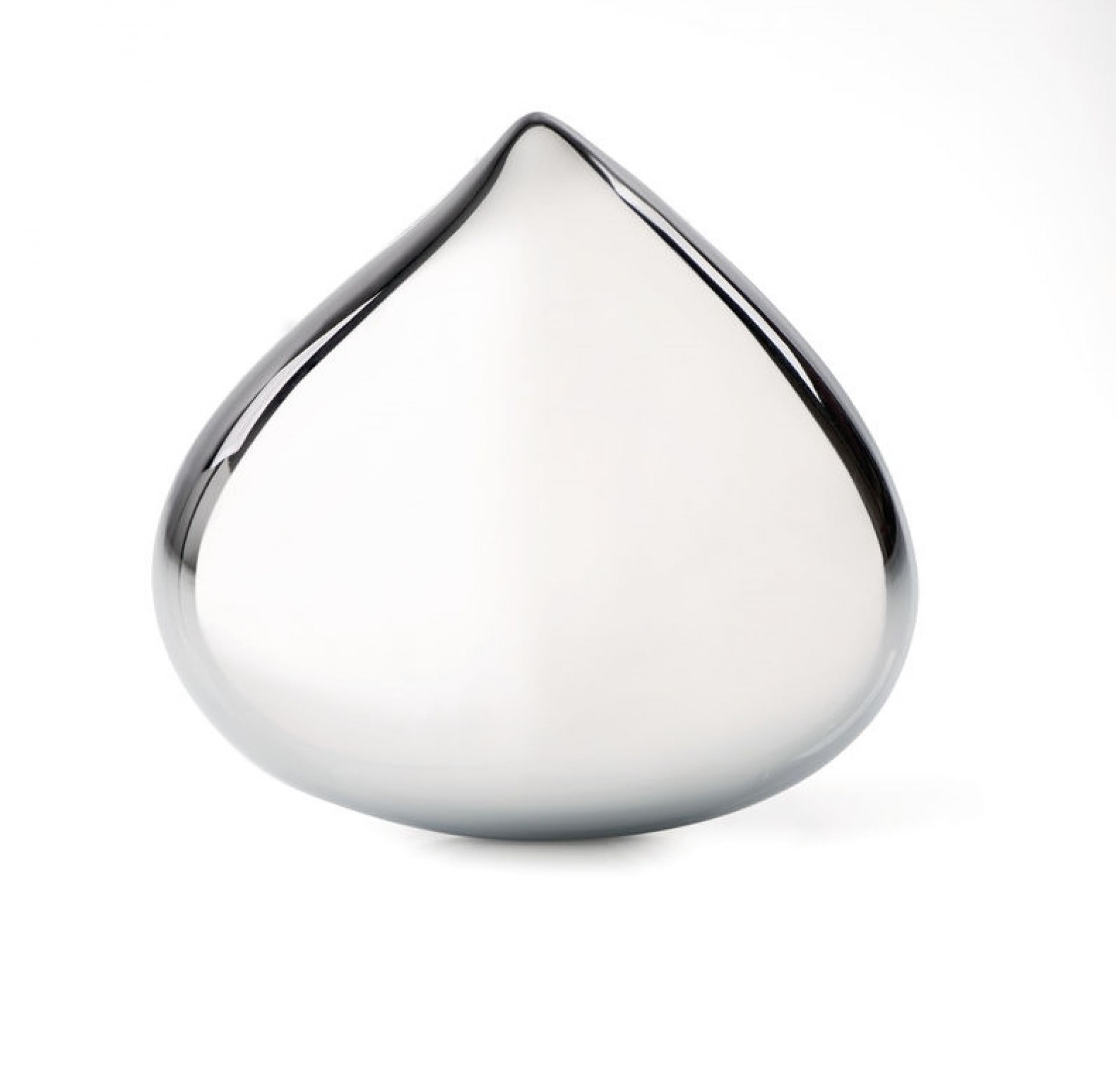 Nahaufnahme der Alessi CHB01 Chestnut Pillendose, glänzend und tropfenförmig, aus poliertem Edelstahl.