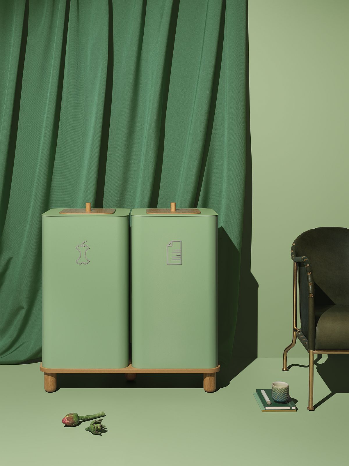 Grüne Mizetto Mülltrennungssystem mit Symbolen für Bioabfall und Papier, modernes Design für nachhaltige Abfallentsorgung.