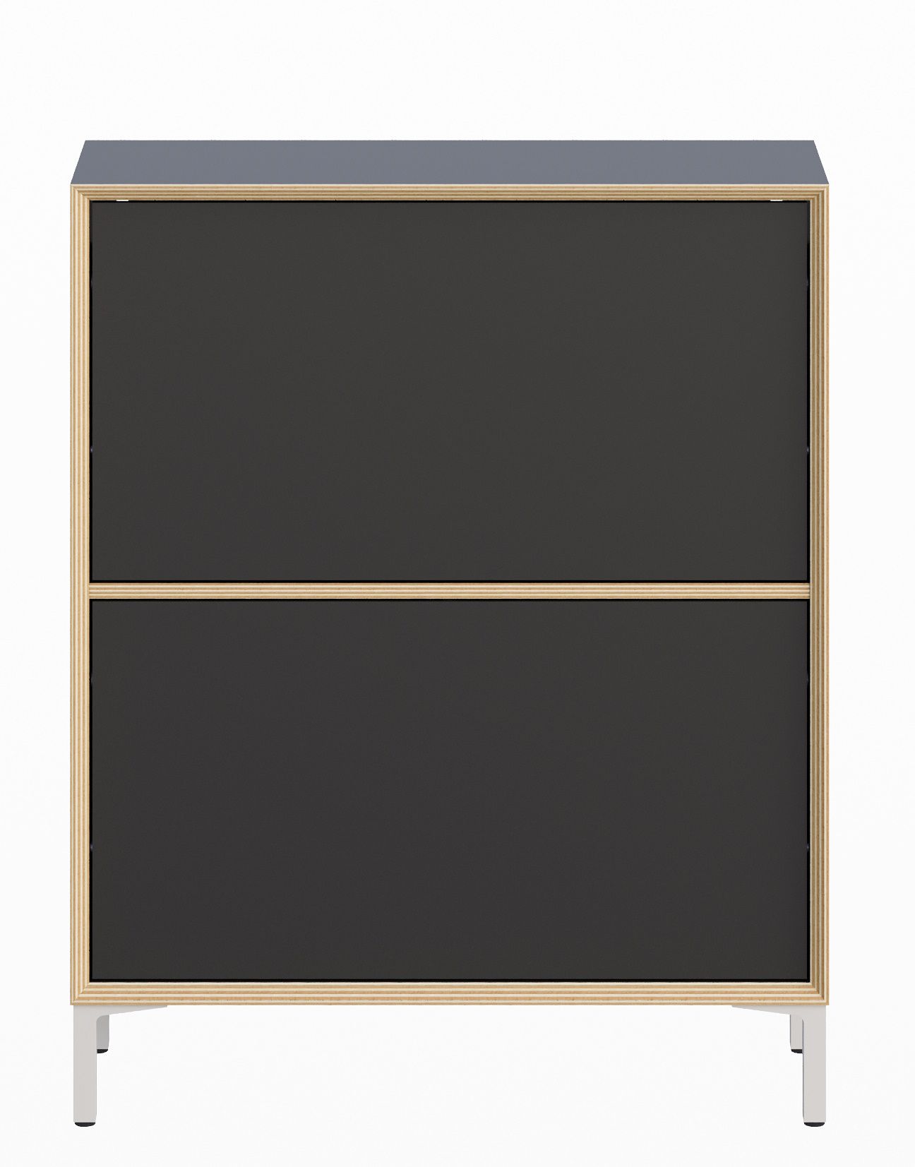 Vertiko Schuhschrank von Müller Möbelwerkstätten, moderner Schuhschrank mit zwei Klappen und filigranem Stahlfußgestell.
