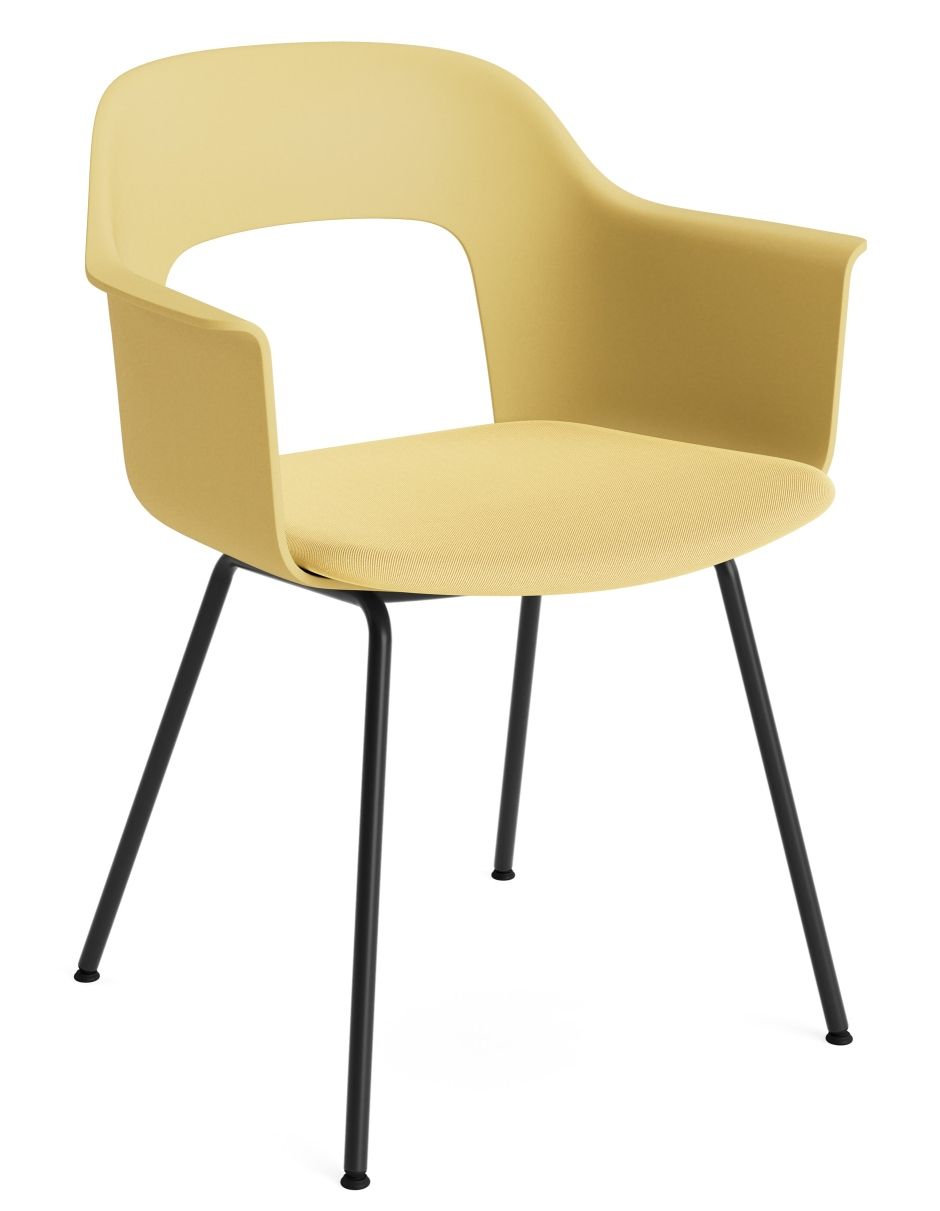 Gelber Hay Armlehnstuhl Layout Armchair 213 mit schwarzem Metallgestell, moderner Design Stuhl für Esszimmer und Wohnbereich.