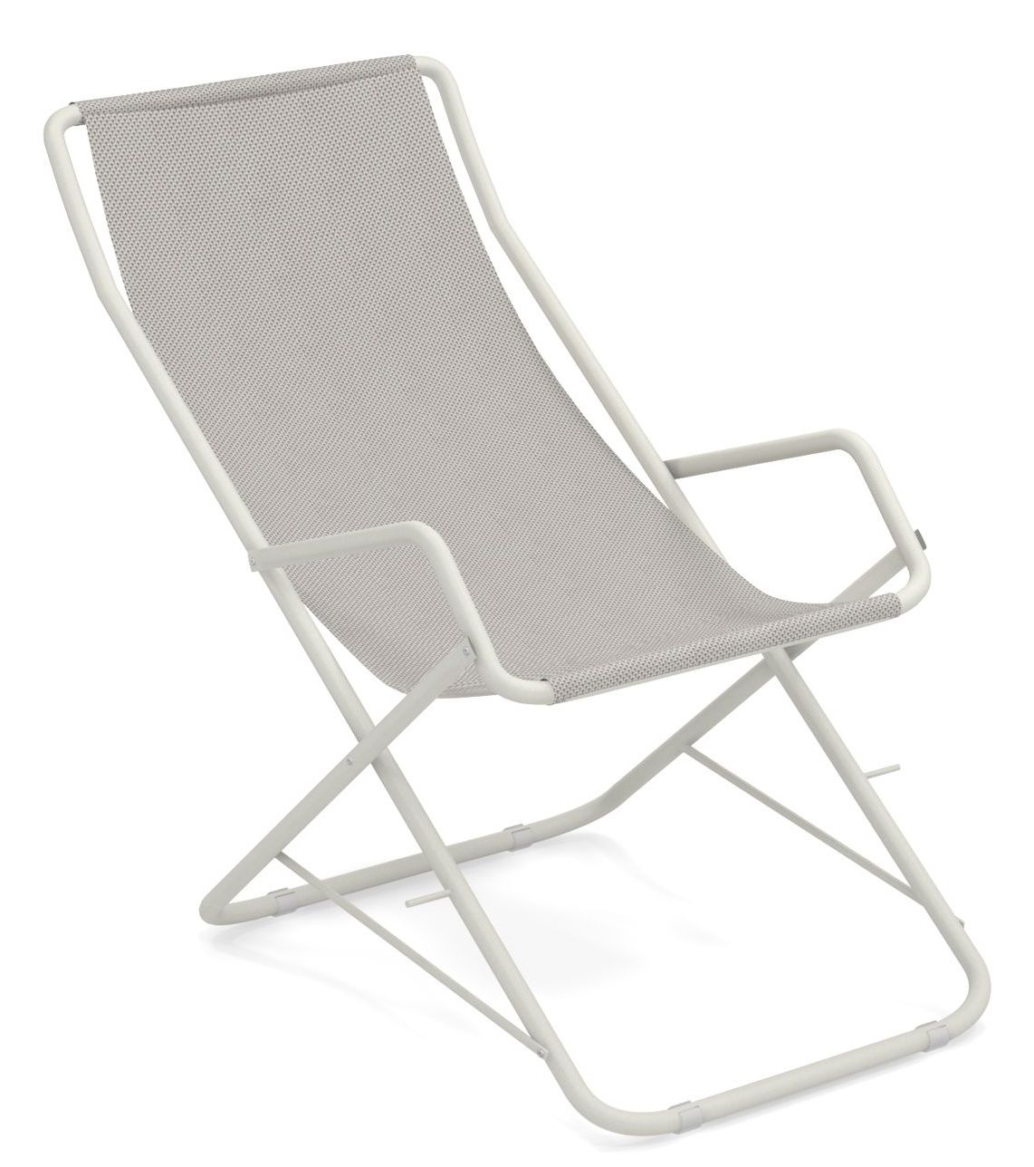 Bahama Liegestuhl Outdoor Emu in Weiß, moderne Gartenliege mit Armlehnen und atmungsaktivem Textilbezug.