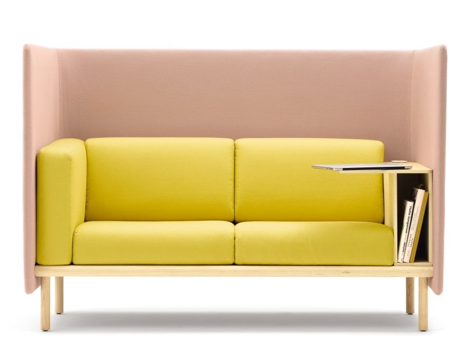 Cor Floater Sofa, gelbes 2-Sitzer Sofa mit rosa Rückenlehne und integriertem Tisch, modernes Design.