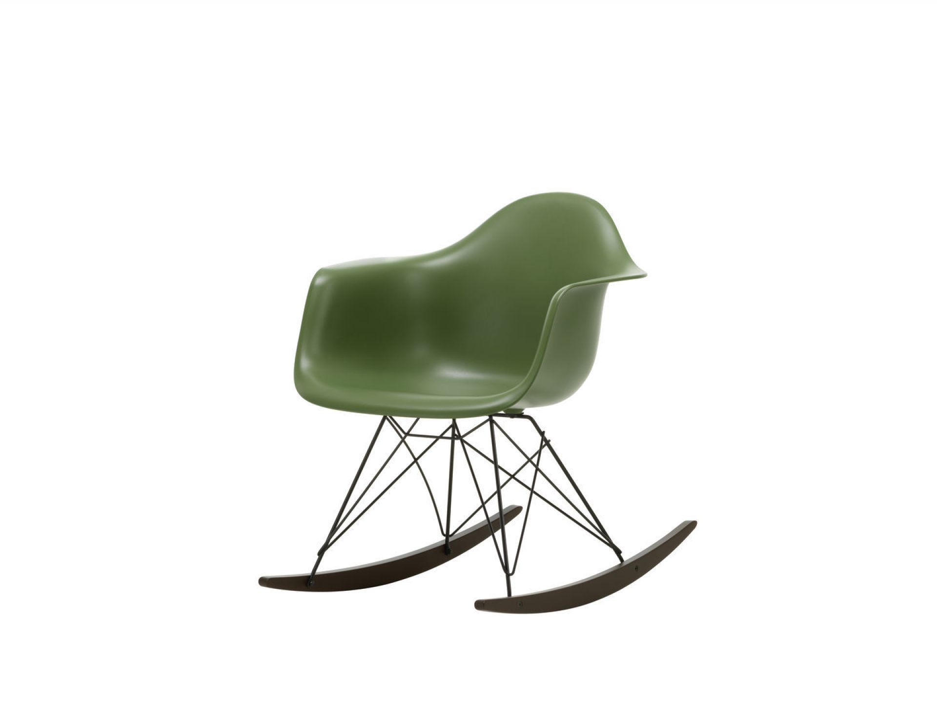 Eames Plastic Arm Rocking Chair (RAR) in Grün mit Chromgestell und Ahorn-Schaukelkufen.