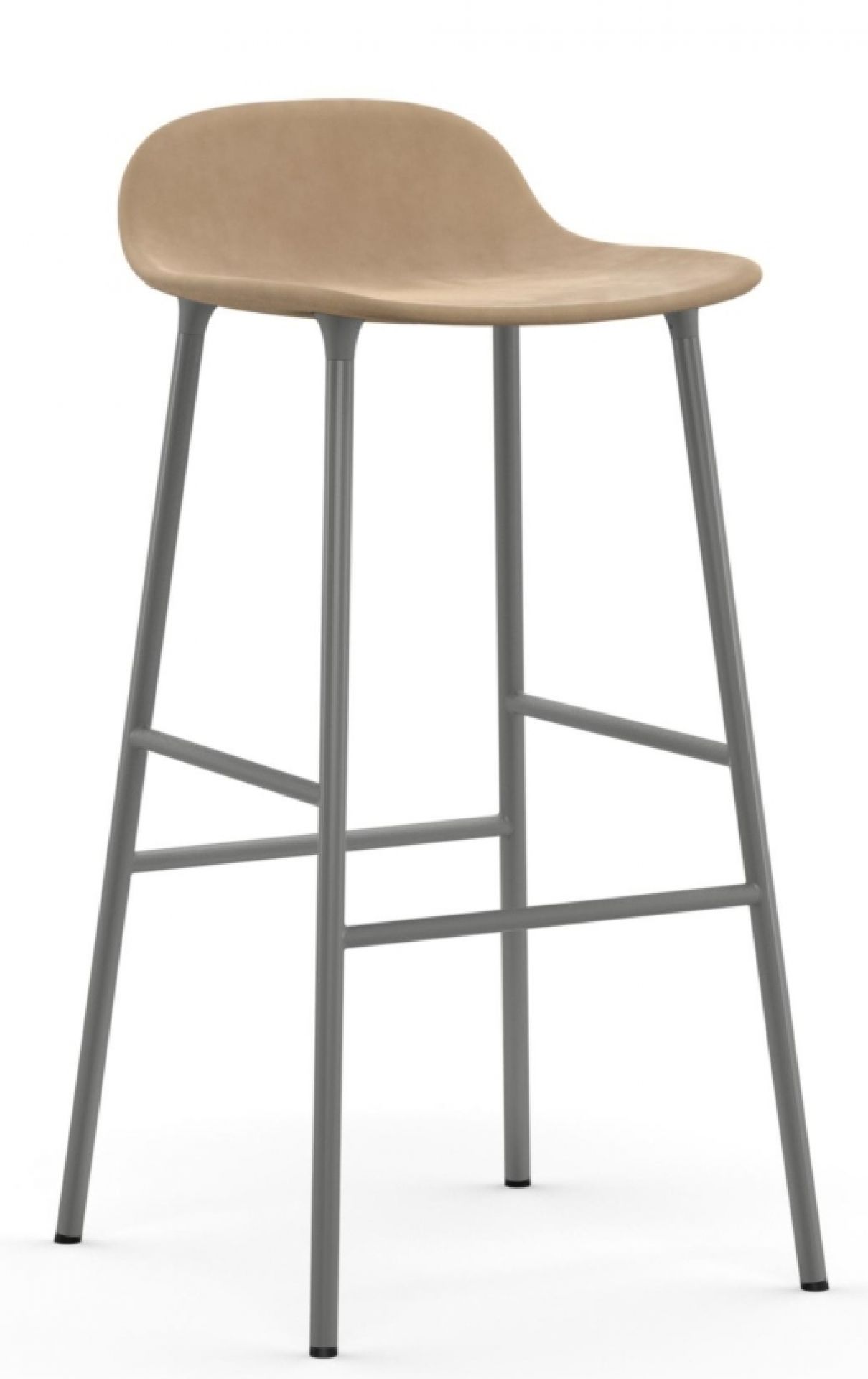 Normann Copenhagen Form Barhocker, beige gepolsterte Sitzfläche, graues Stahlgestell, modernes Küchendesign.