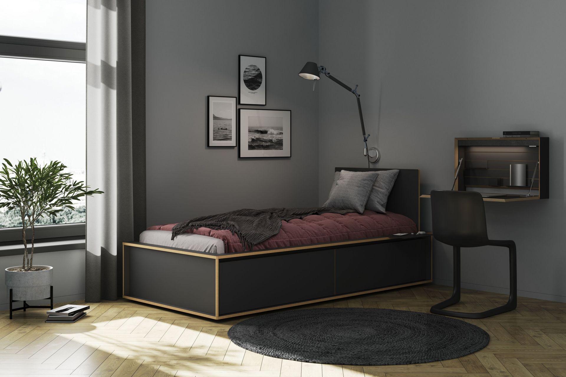Schlafzimmer mit Spaze Bett von Müller Möbelwerkstätten, Schreibtisch, Lampe und Dekoration.